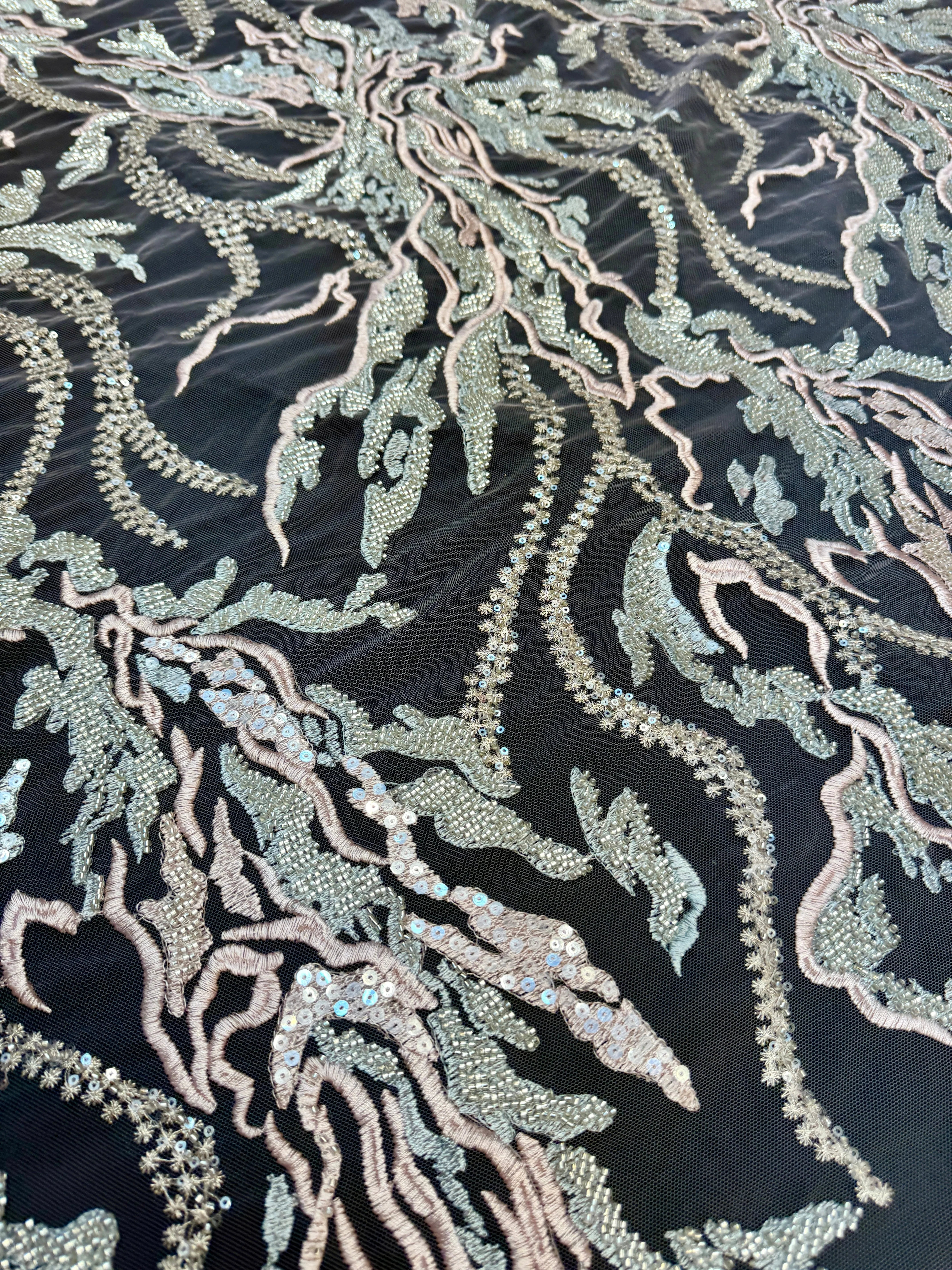Blush-Mint Abstract Leaf Beaded Sequin Lace - Image 3