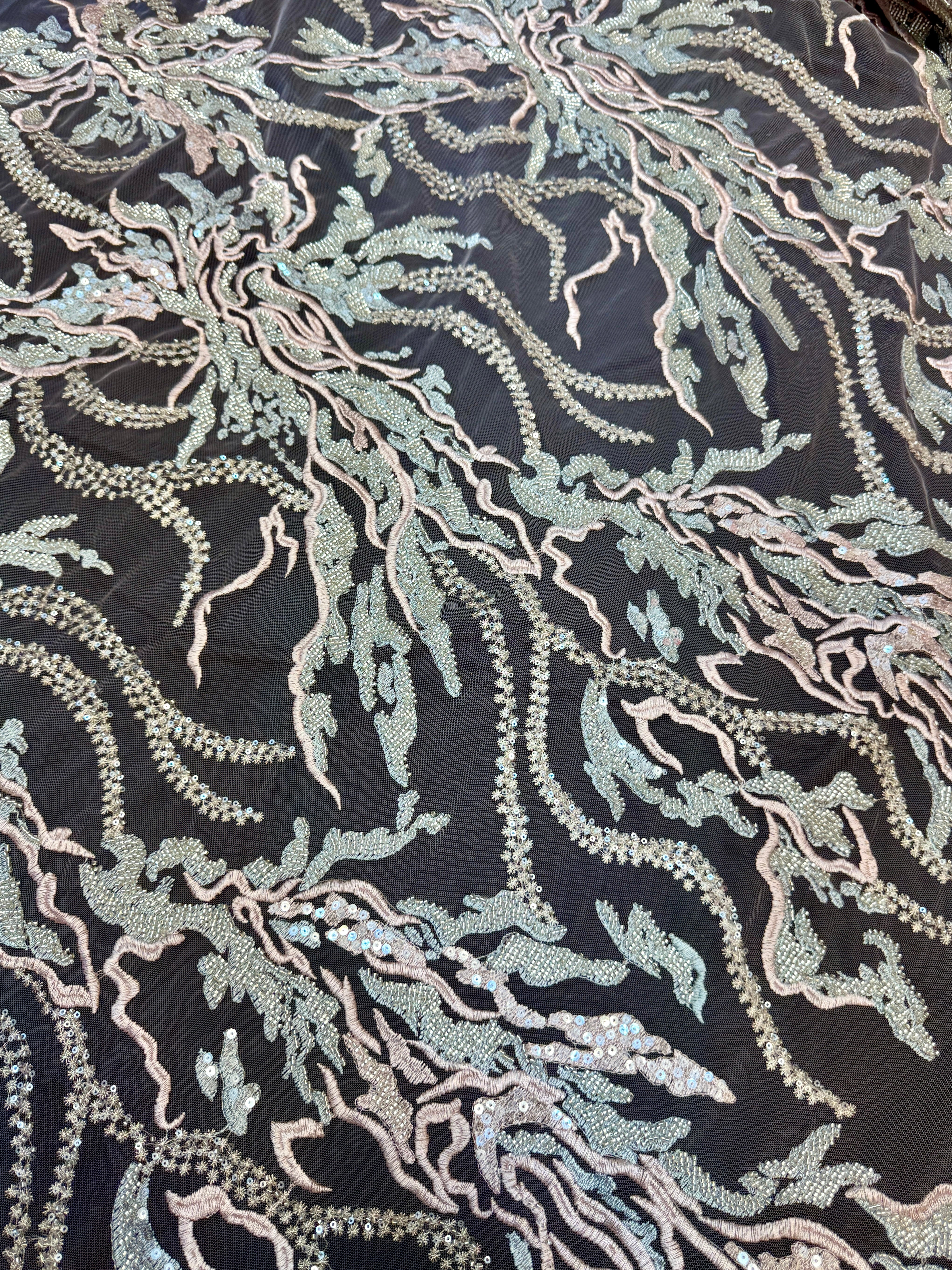 Blush-Mint Abstract Leaf Beaded Sequin Lace - Image 4