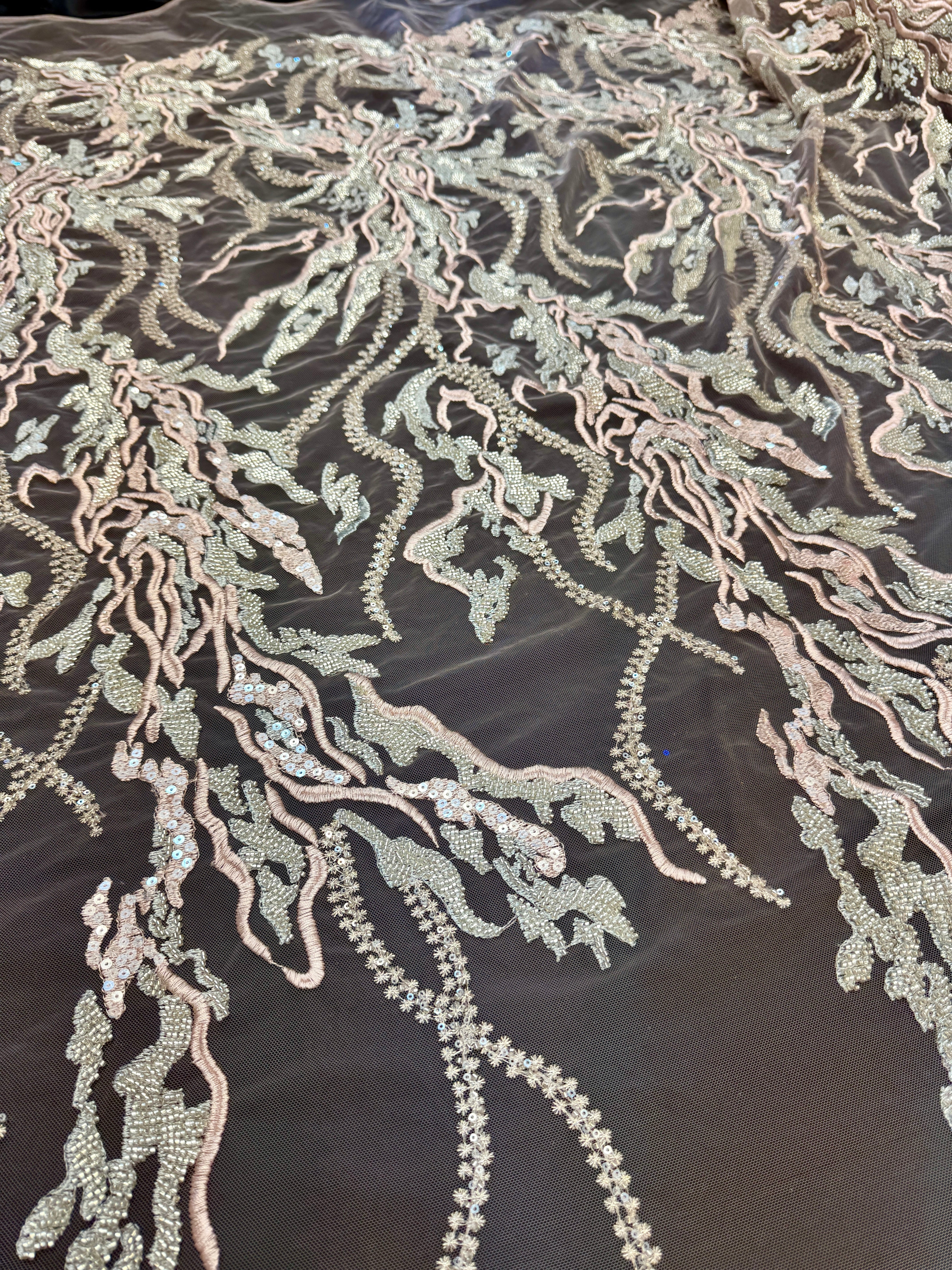 Blush-Mint Abstract Leaf Beaded Sequin Lace - Image 5