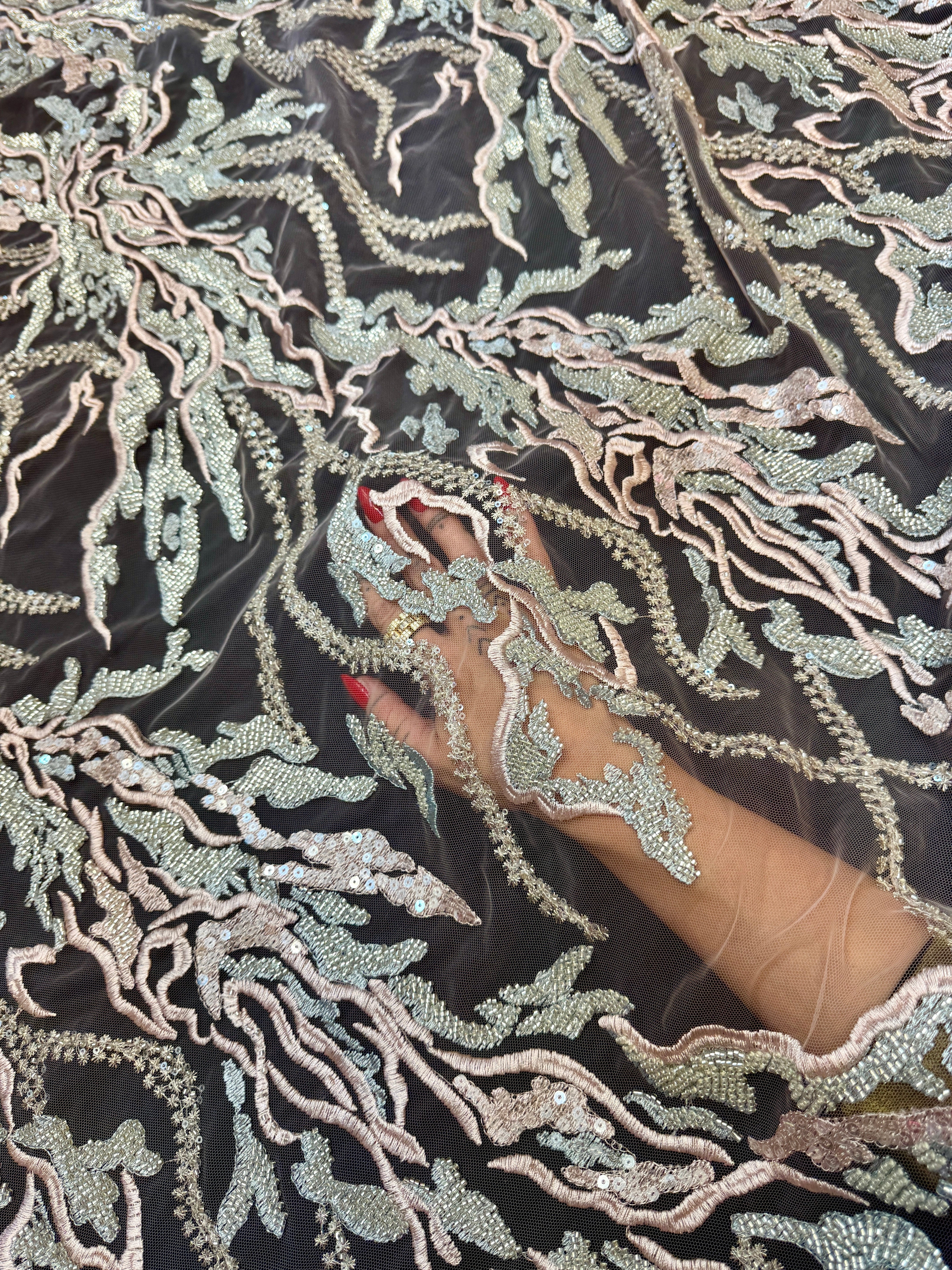 Blush-Mint Abstract Leaf Beaded Sequin Lace - Image 6