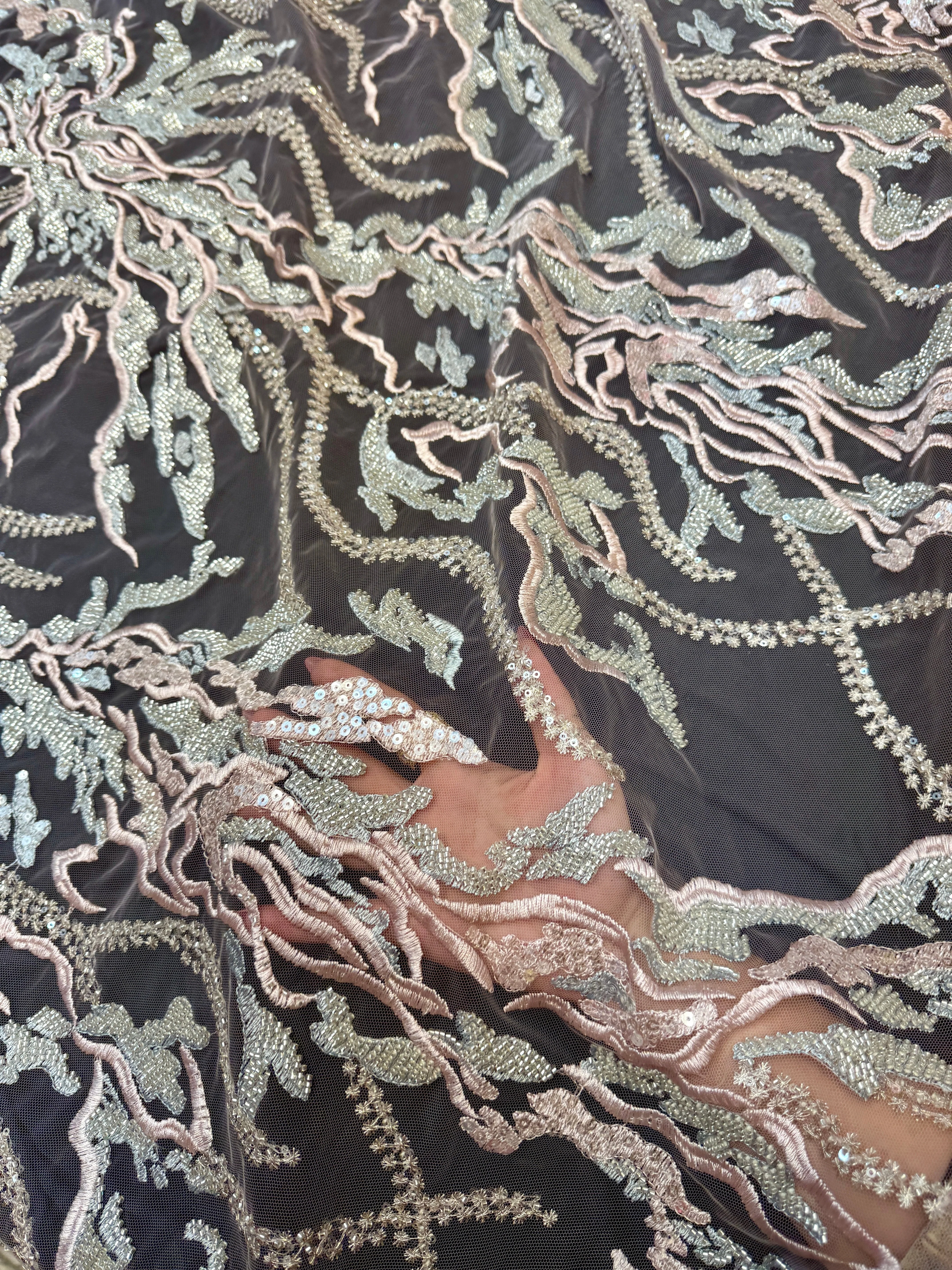 Blush-Mint Abstract Leaf Beaded Sequin Lace - Image 7