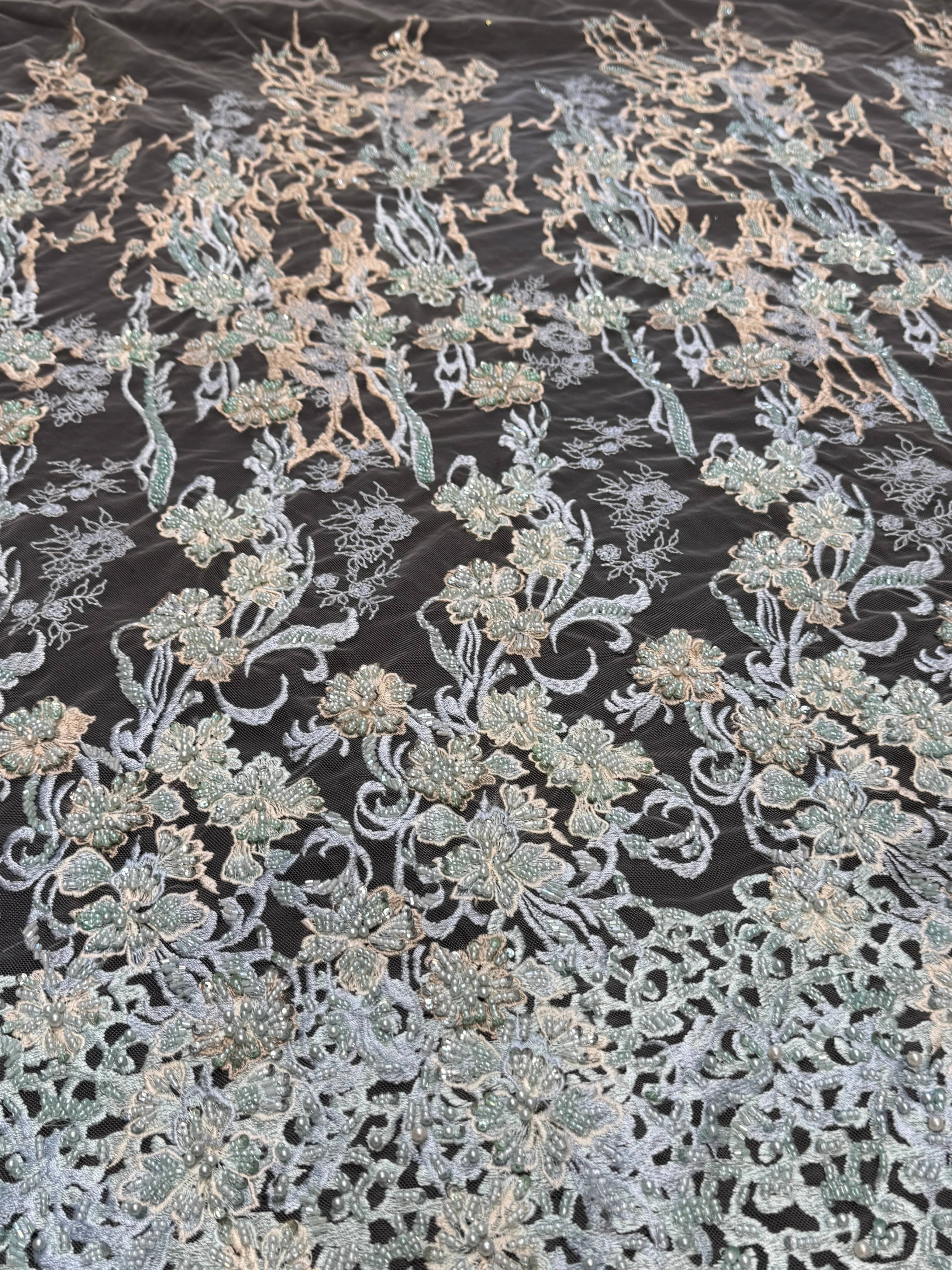Blush-Mint Pearl Beaded Floral Embroidery Lace