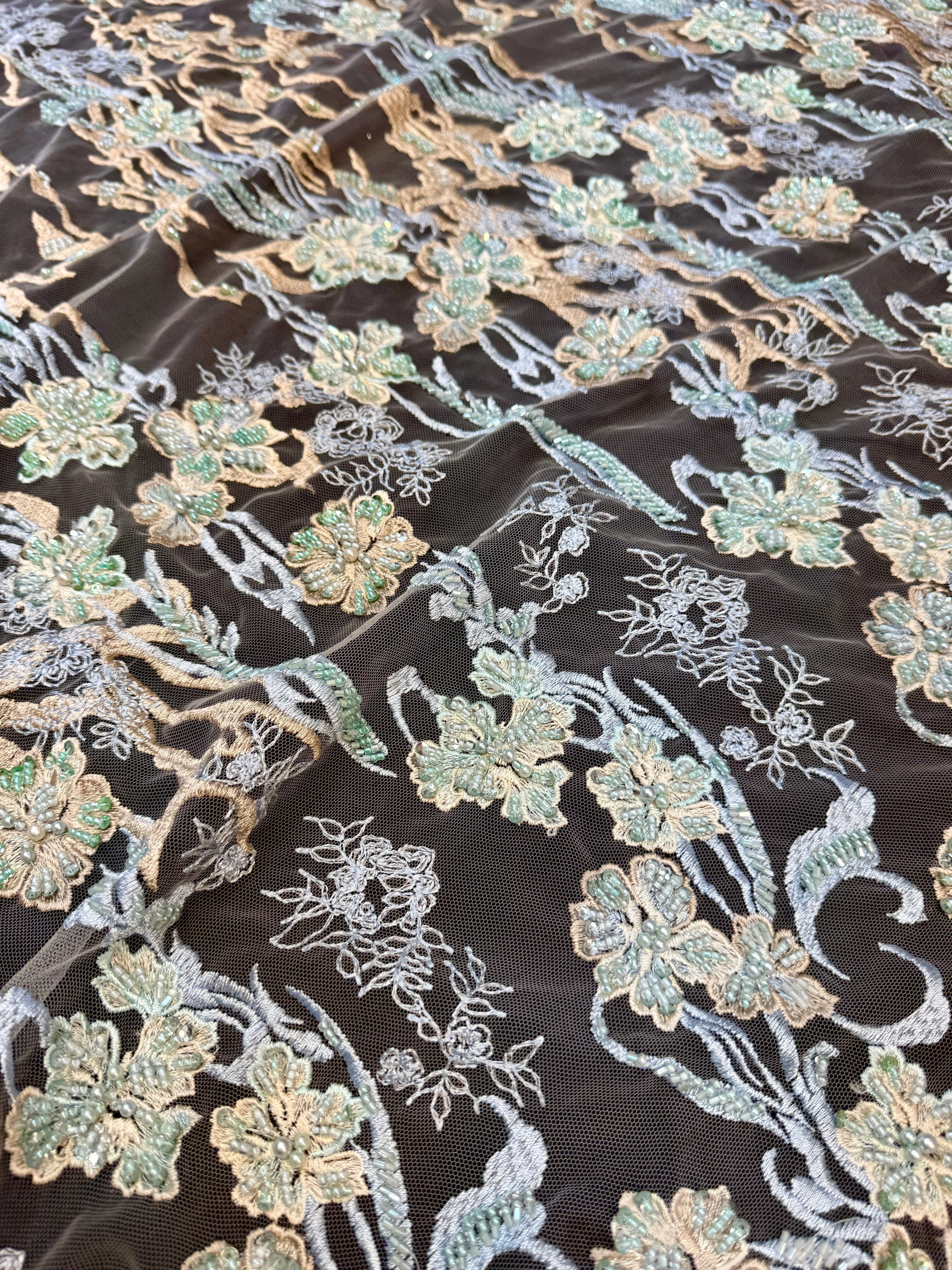 Blush-Mint Pearl Beaded Floral Embroidery Lace - Image 2