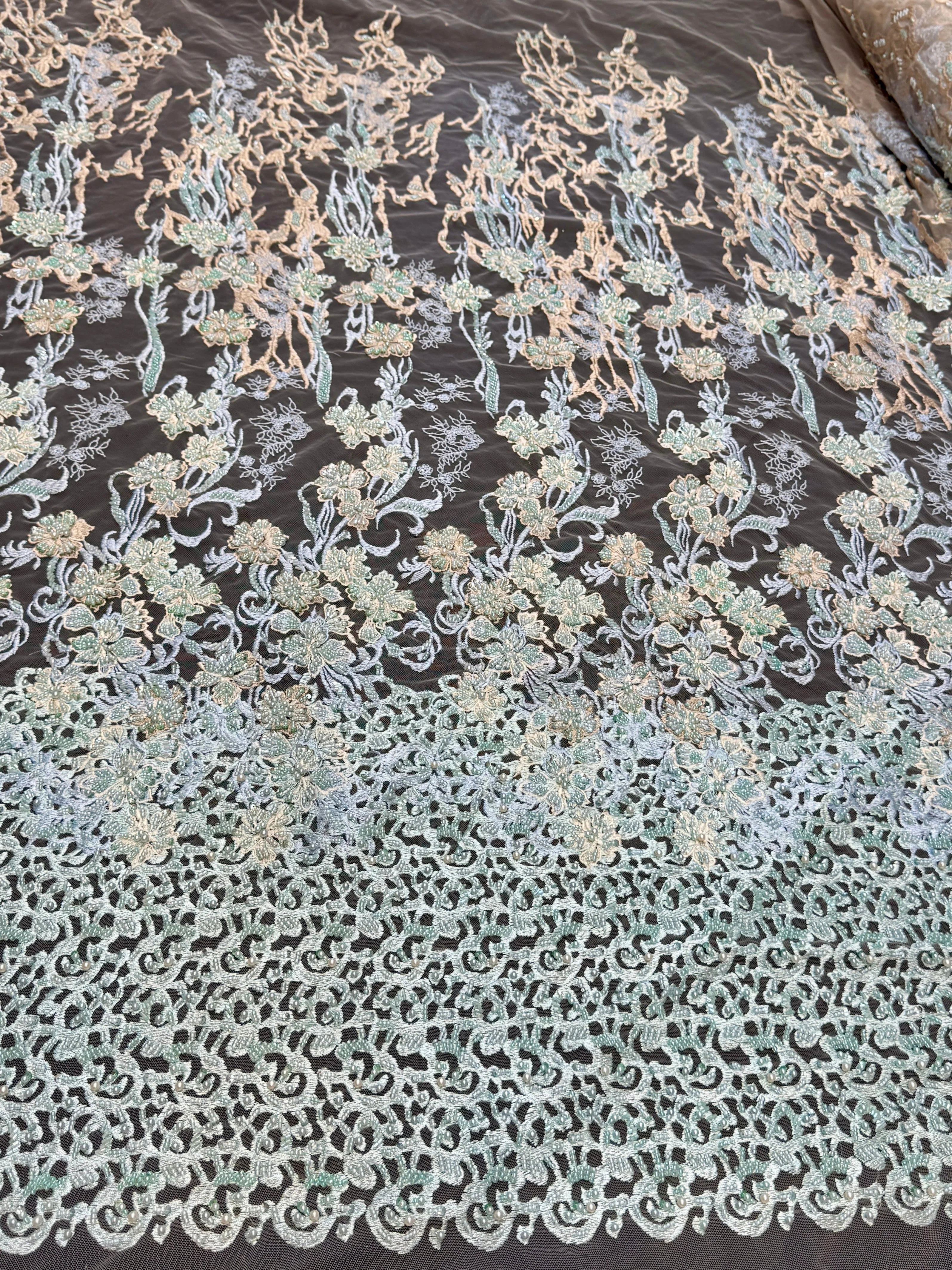 Blush-Mint Pearl Beaded Floral Embroidery Lace - Image 3