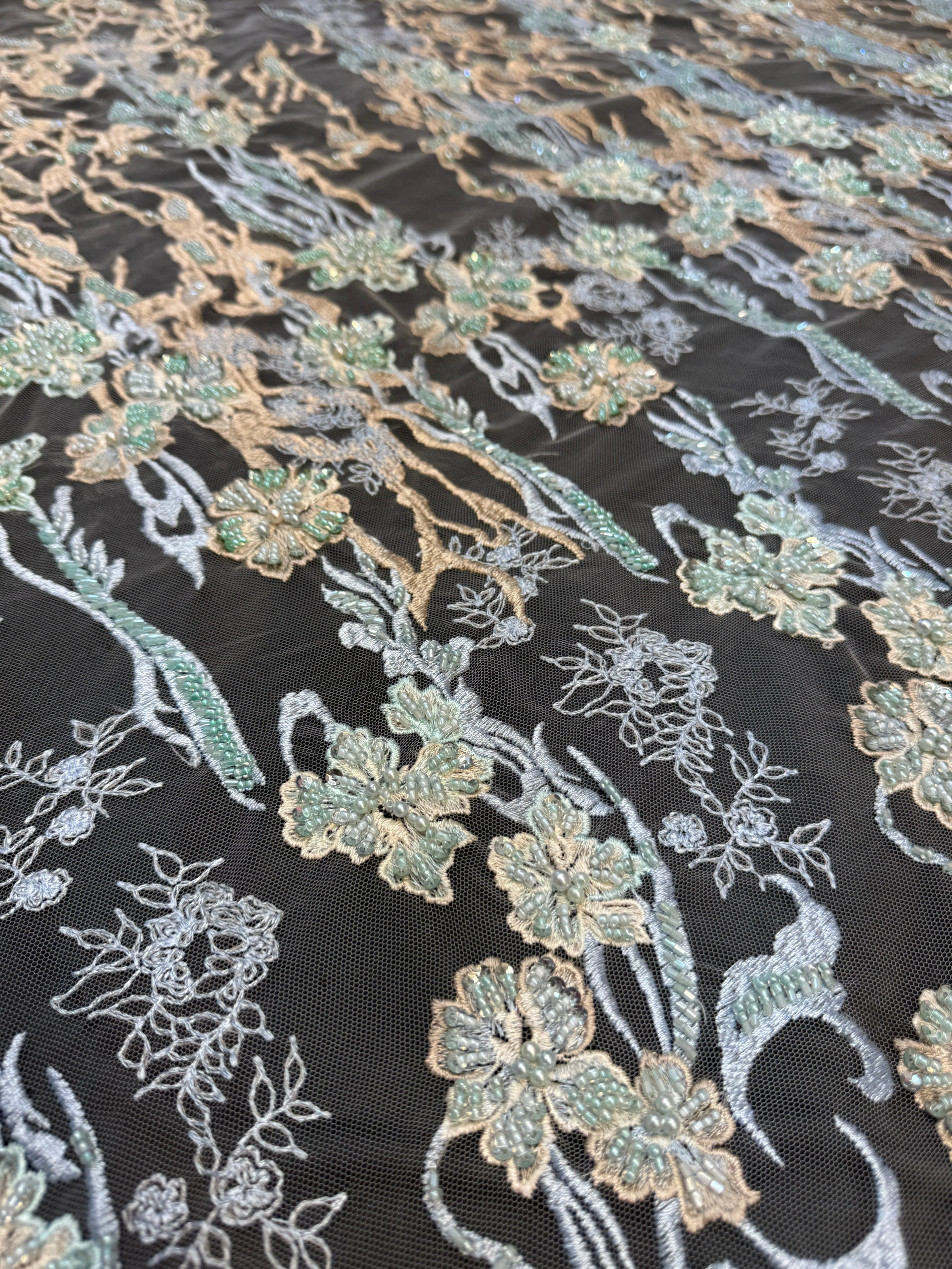 Blush-Mint Pearl Beaded Floral Embroidery Lace - Image 4
