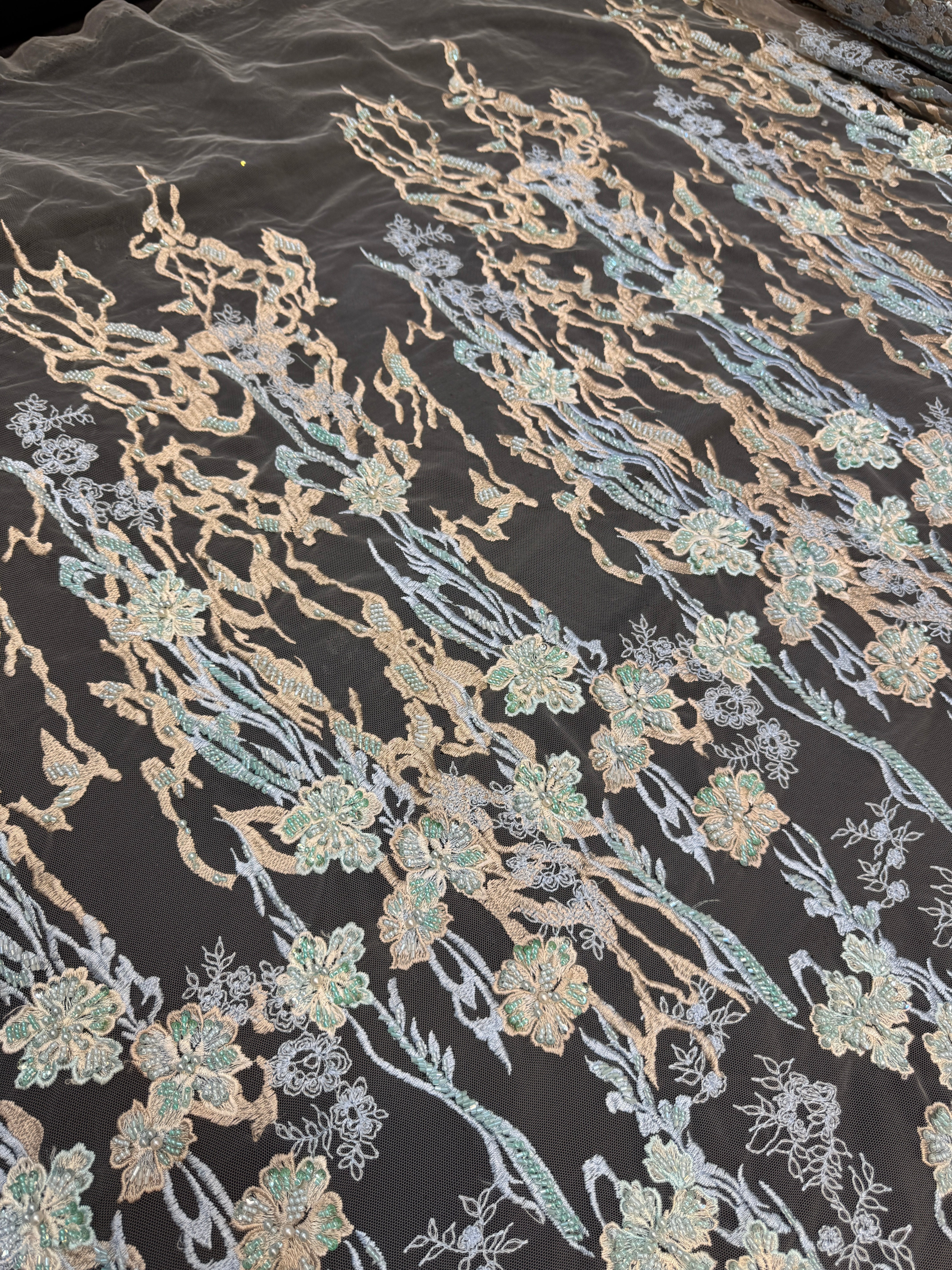 Blush-Mint Pearl Beaded Floral Embroidery Lace - Image 5