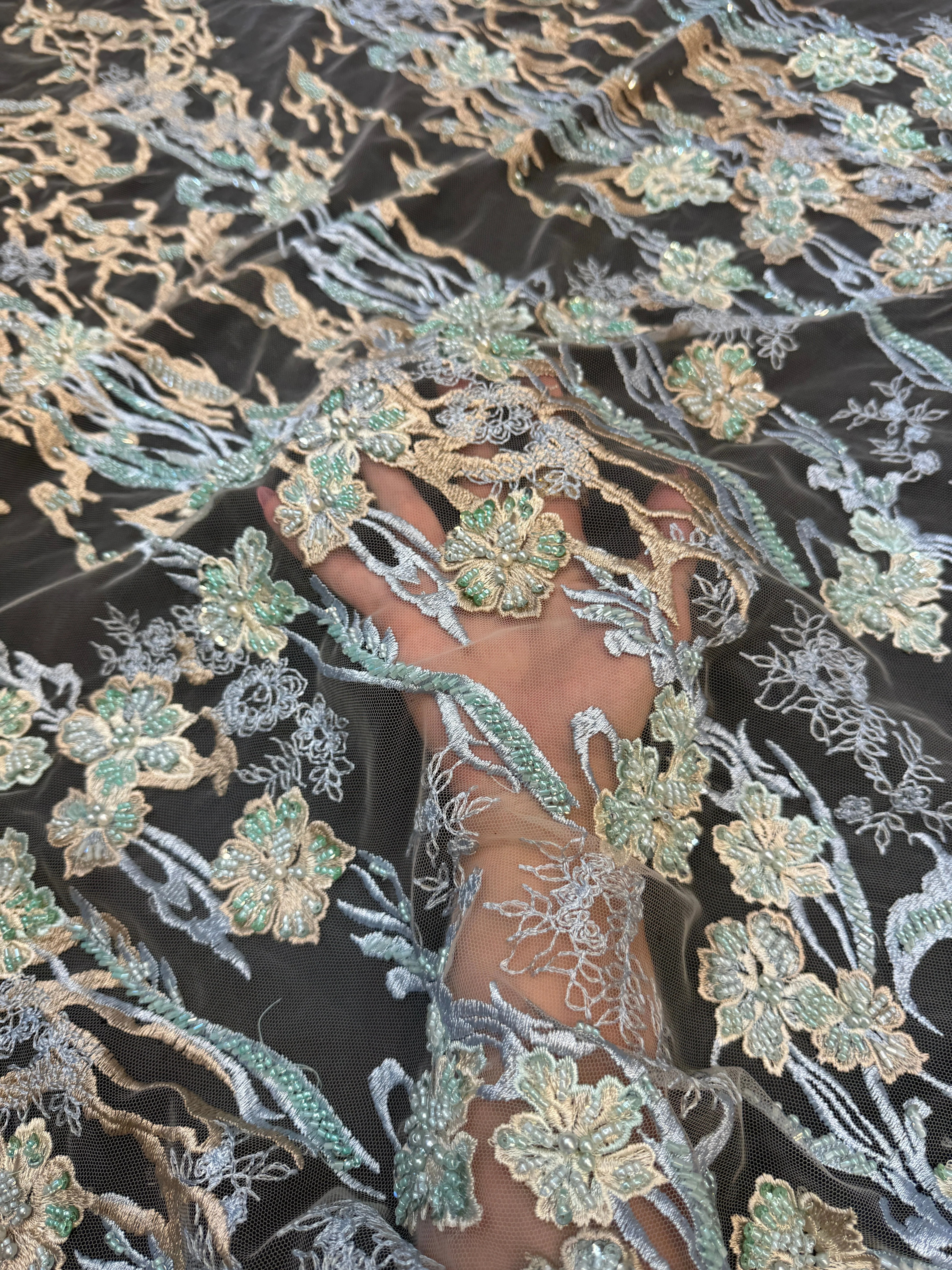 Blush-Mint Pearl Beaded Floral Embroidery Lace - Image 6