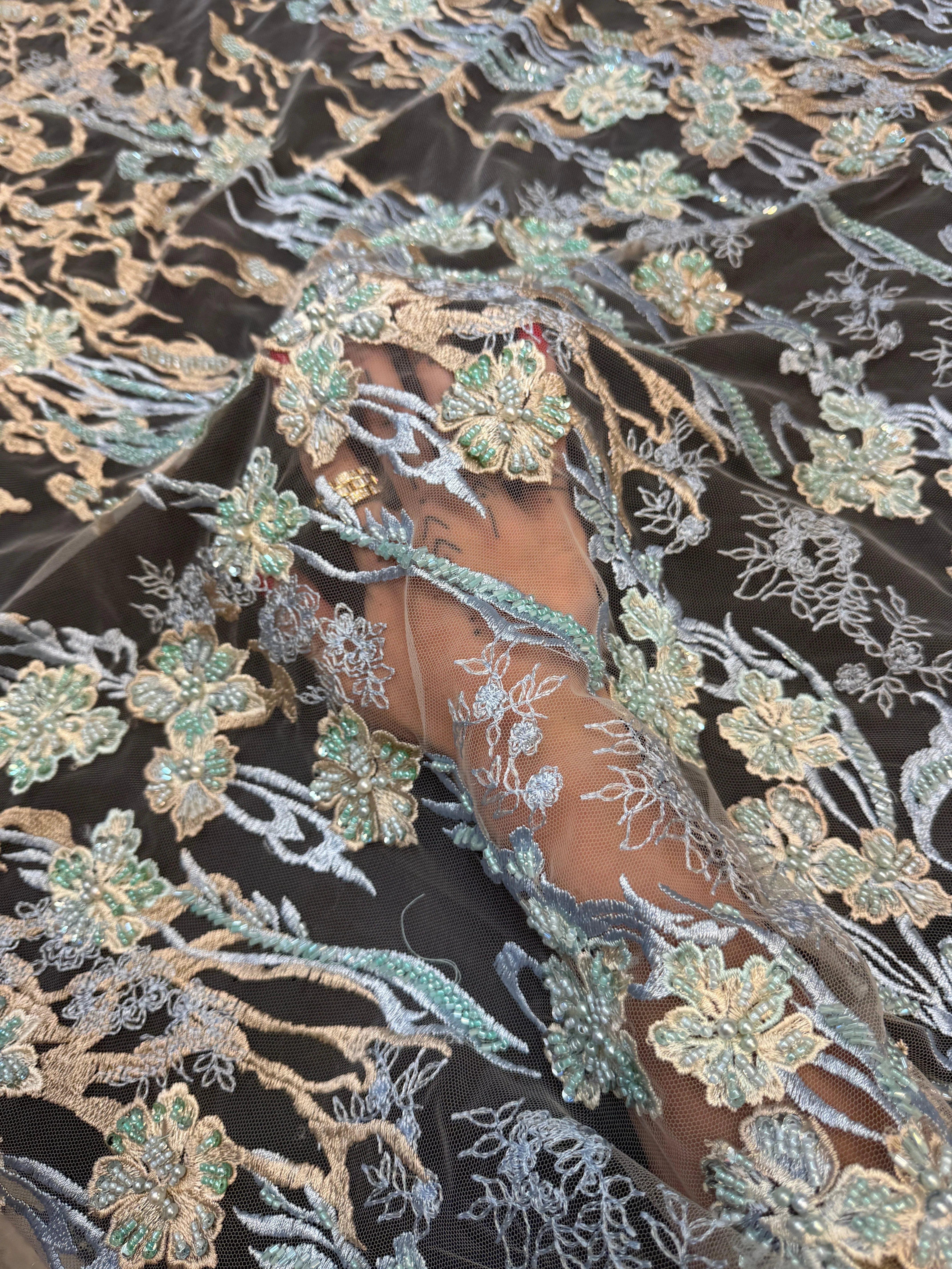Blush-Mint Pearl Beaded Floral Embroidery Lace - Image 7