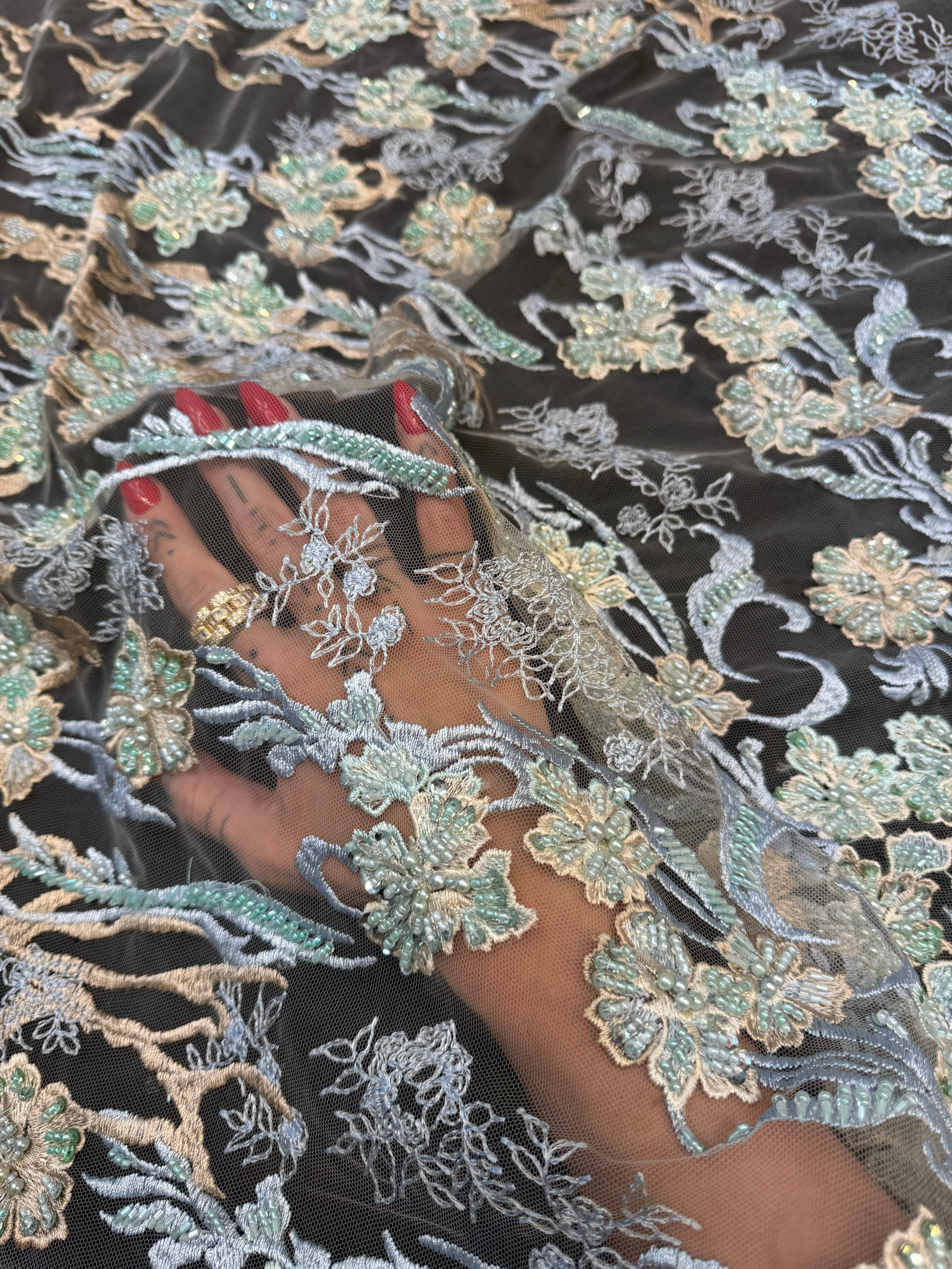 Blush-Mint Pearl Beaded Floral Embroidery Lace - Image 8