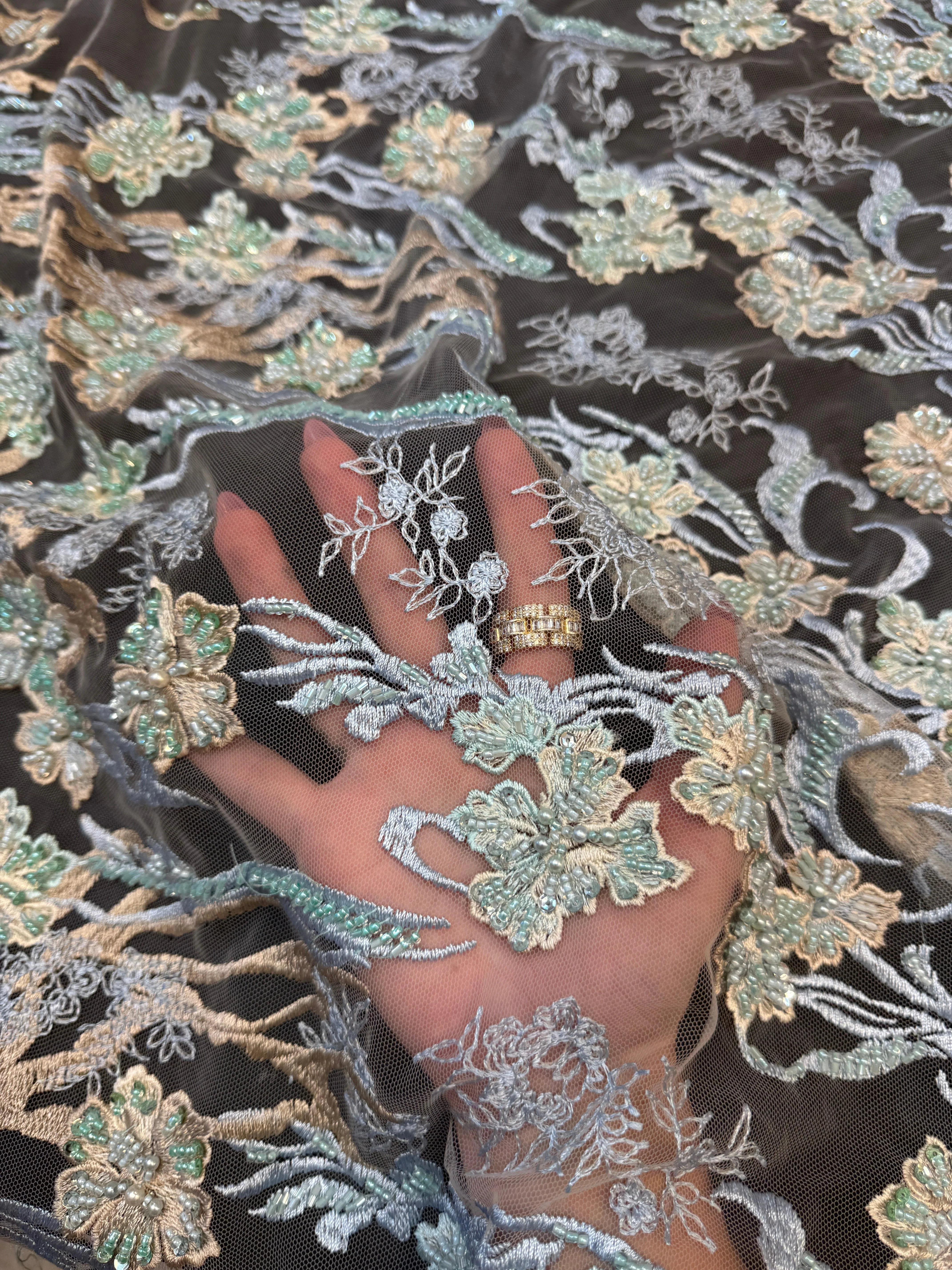 Blush-Mint Pearl Beaded Floral Embroidery Lace - Image 9