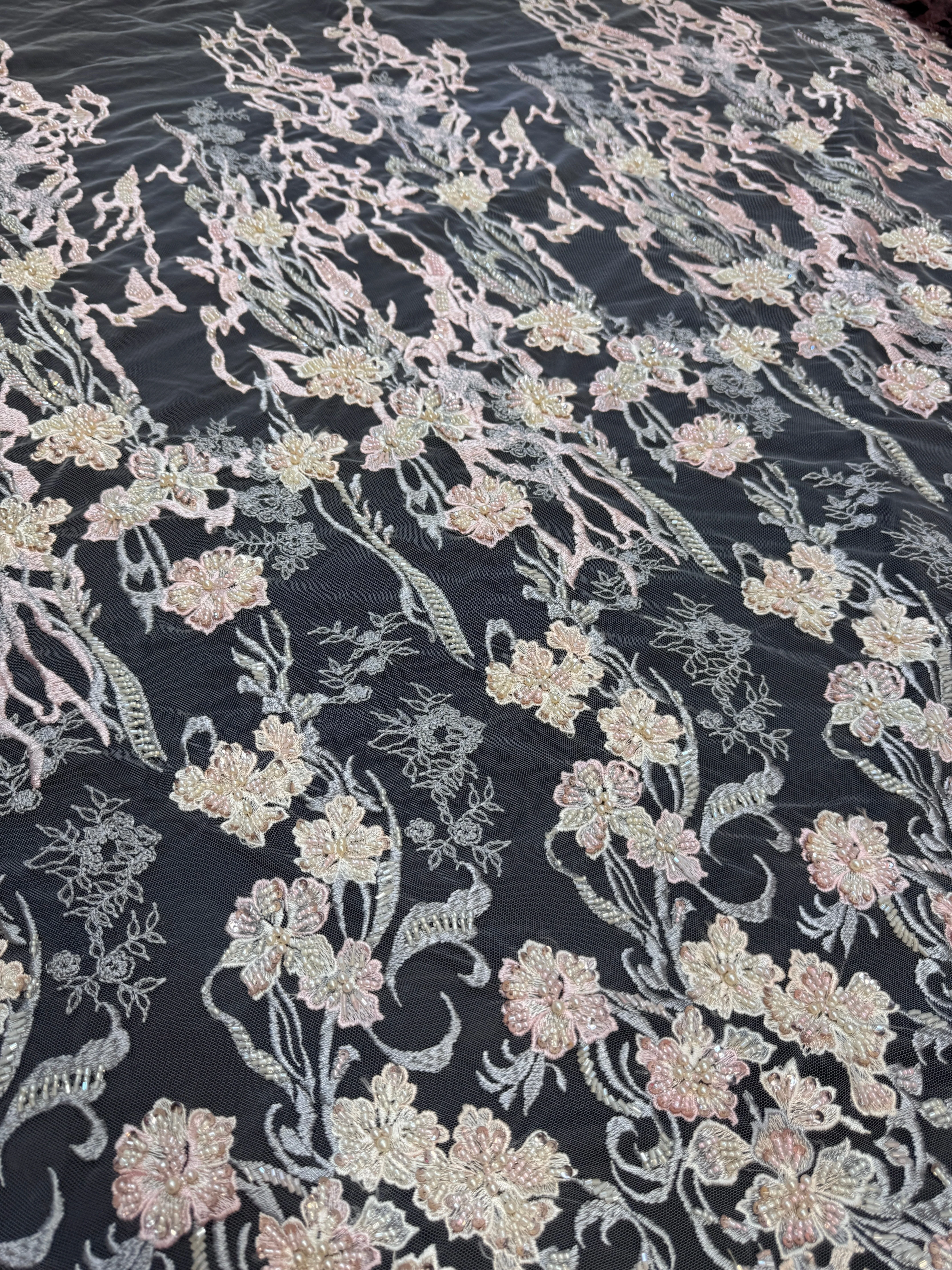 Blush-Peach Pearl Beaded Floral Embroidery Lace