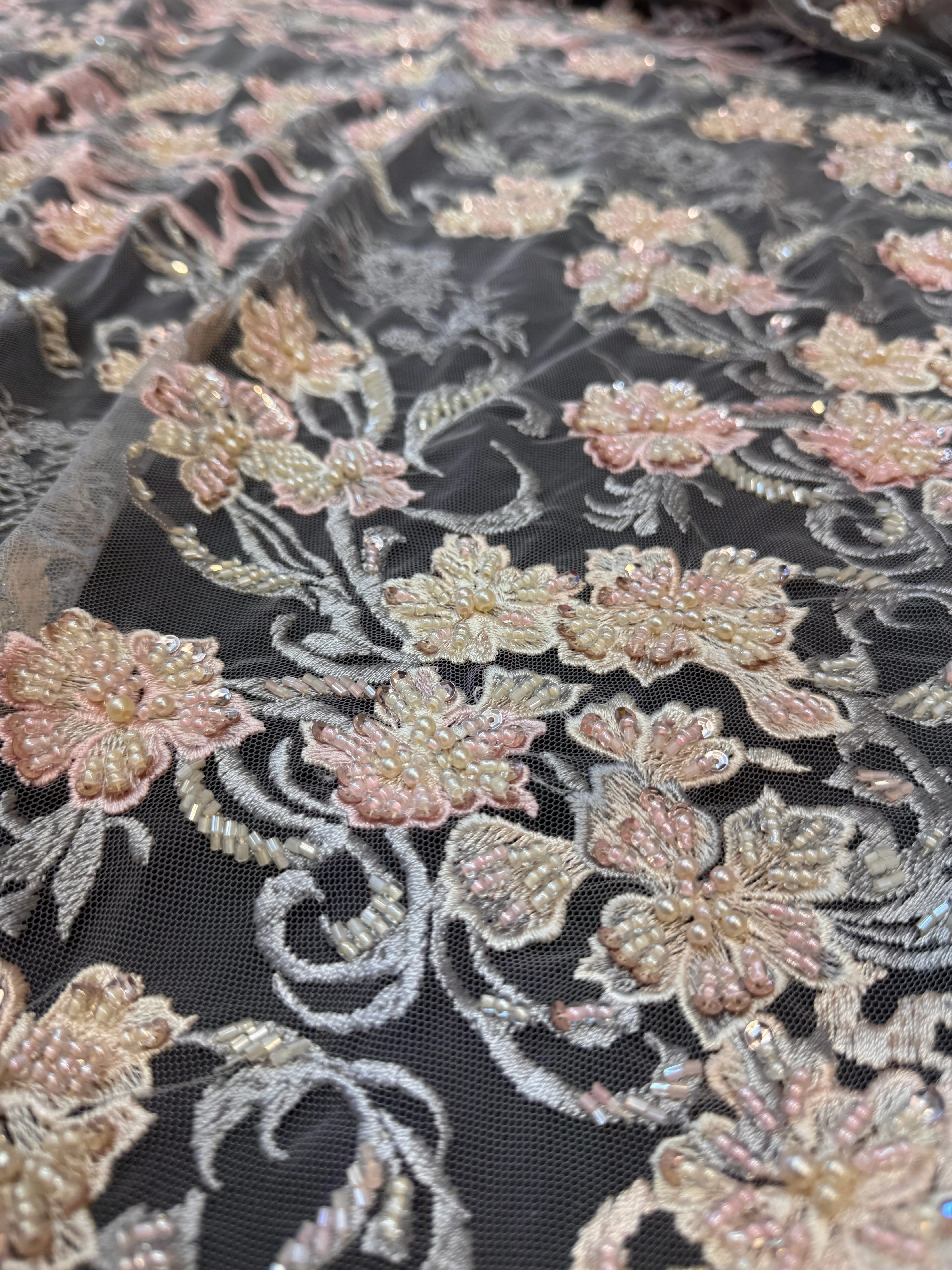 Blush-Peach Pearl Beaded Floral Embroidery Lace - Image 2