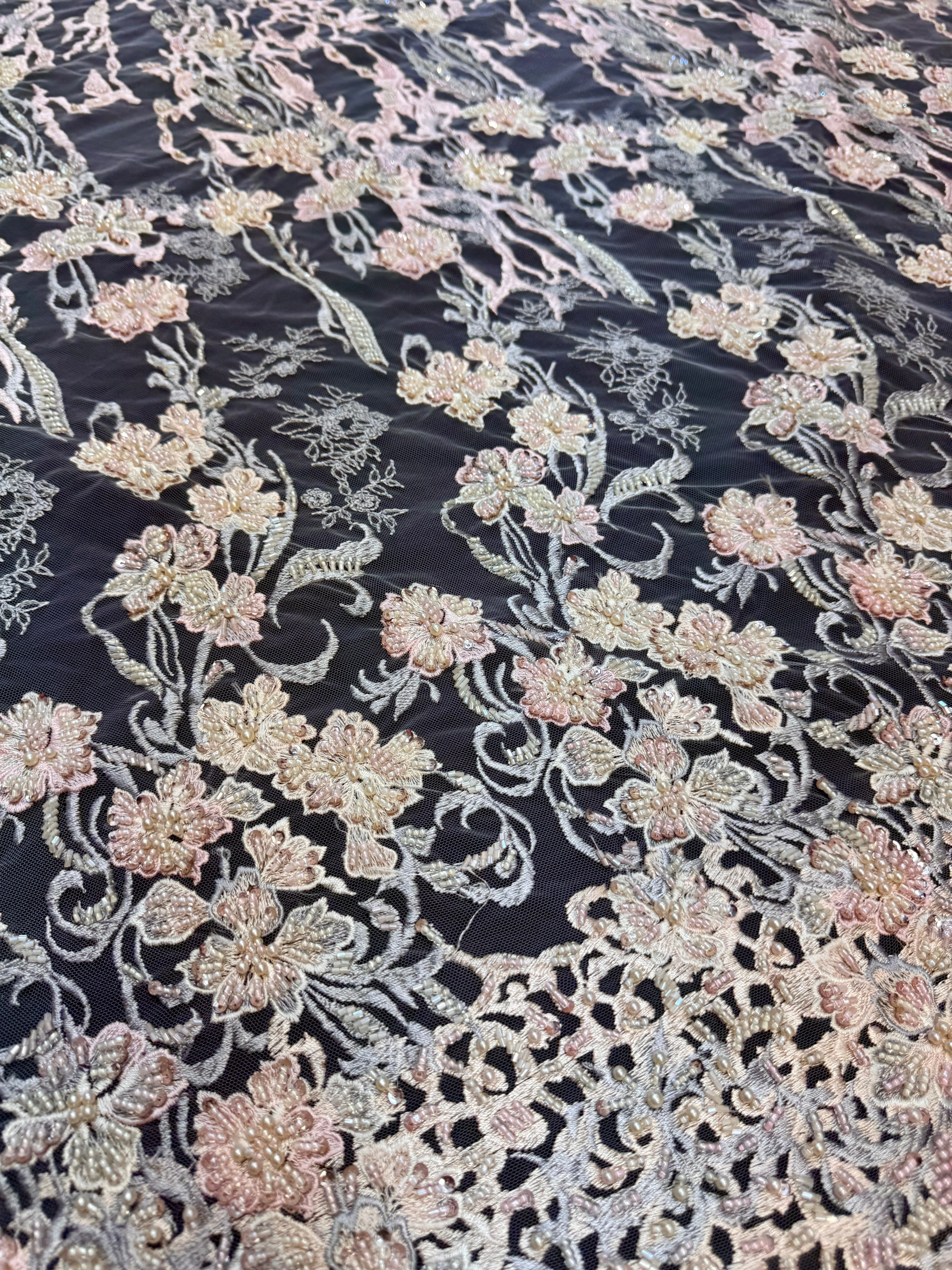 Blush-Peach Pearl Beaded Floral Embroidery Lace - Image 3