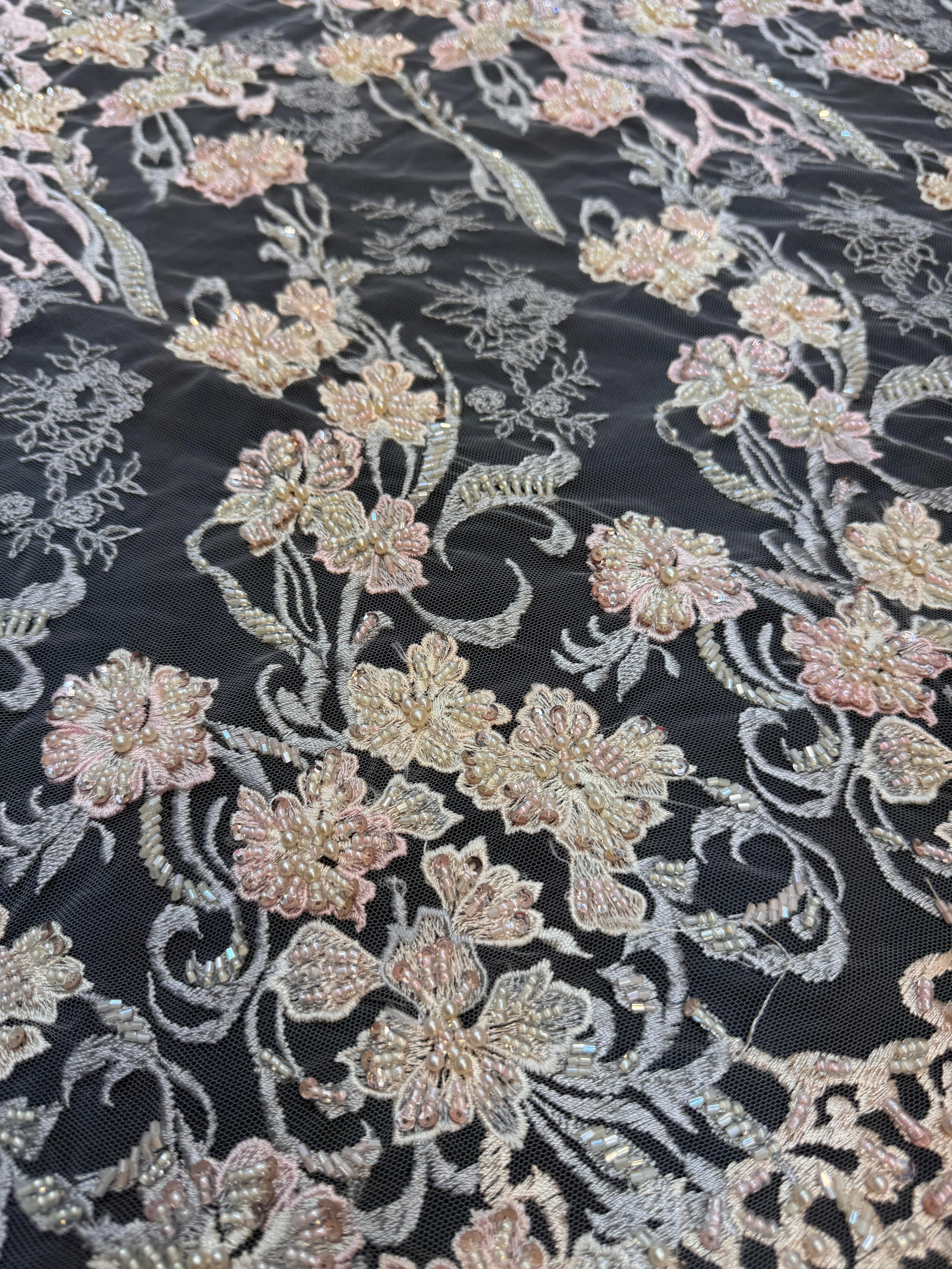 Blush-Peach Pearl Beaded Floral Embroidery Lace - Image 4