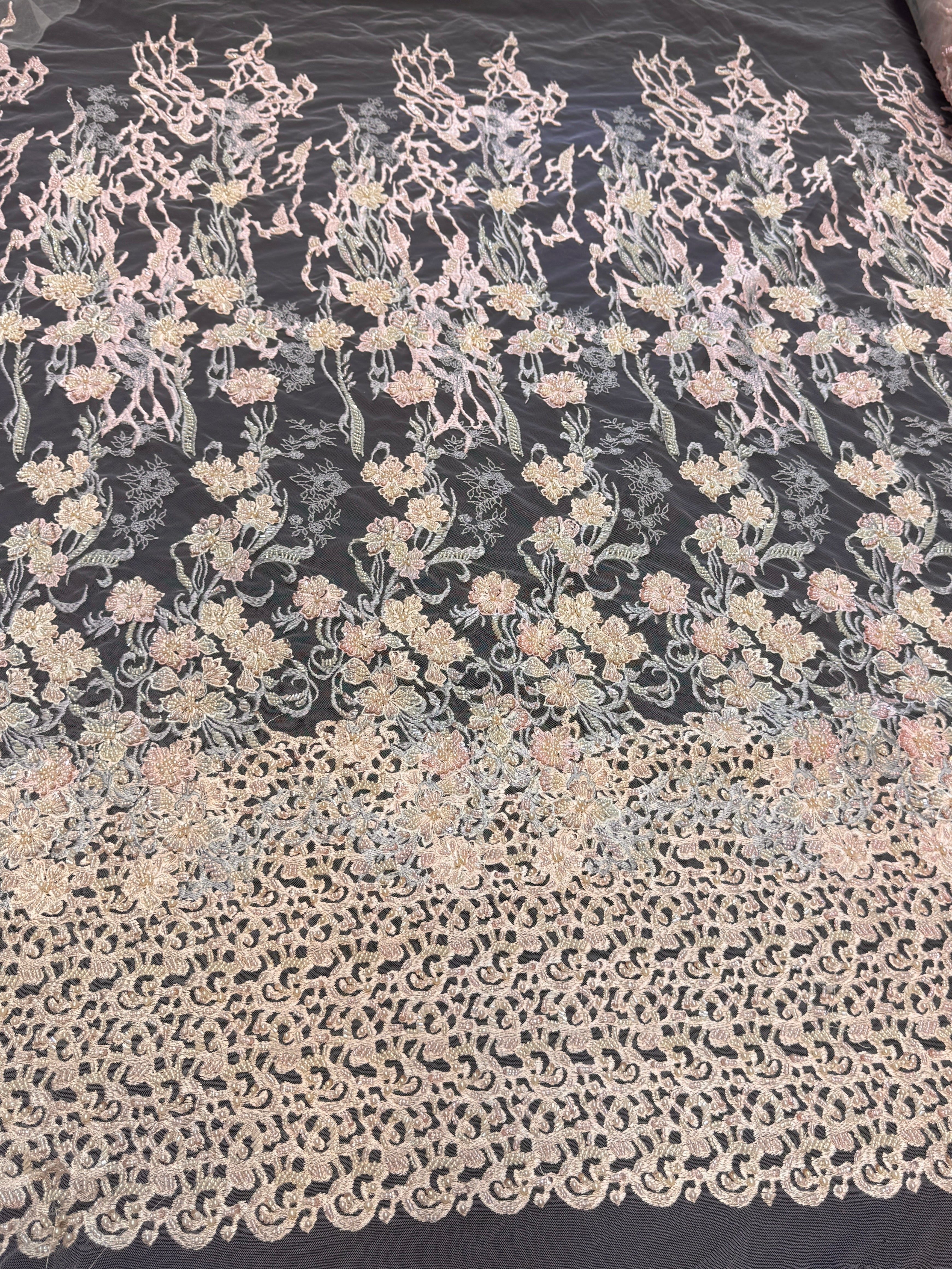 Blush-Peach Pearl Beaded Floral Embroidery Lace - Image 5