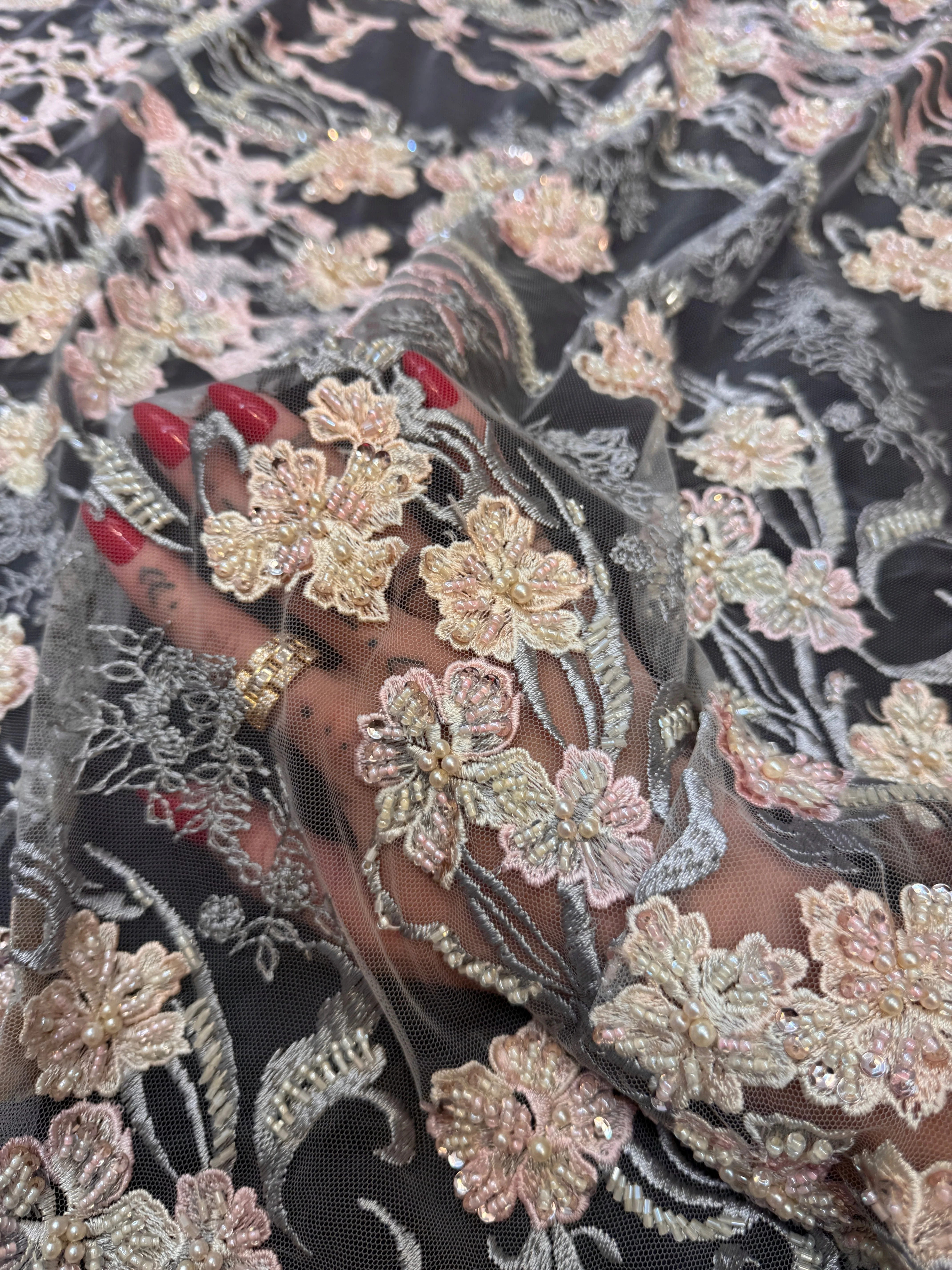Blush-Peach Pearl Beaded Floral Embroidery Lace - Image 7