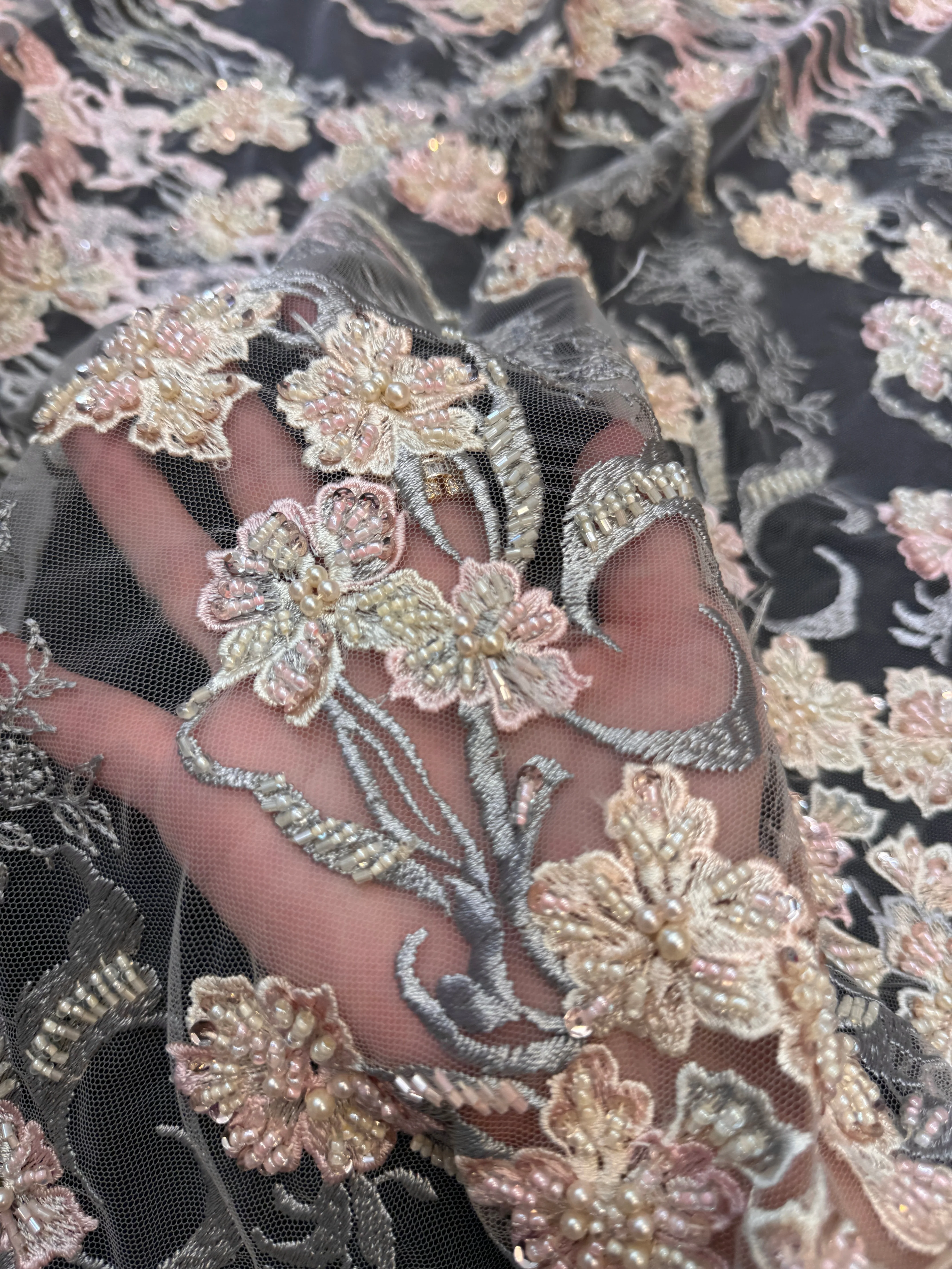 Blush-Peach Pearl Beaded Floral Embroidery Lace - Image 8