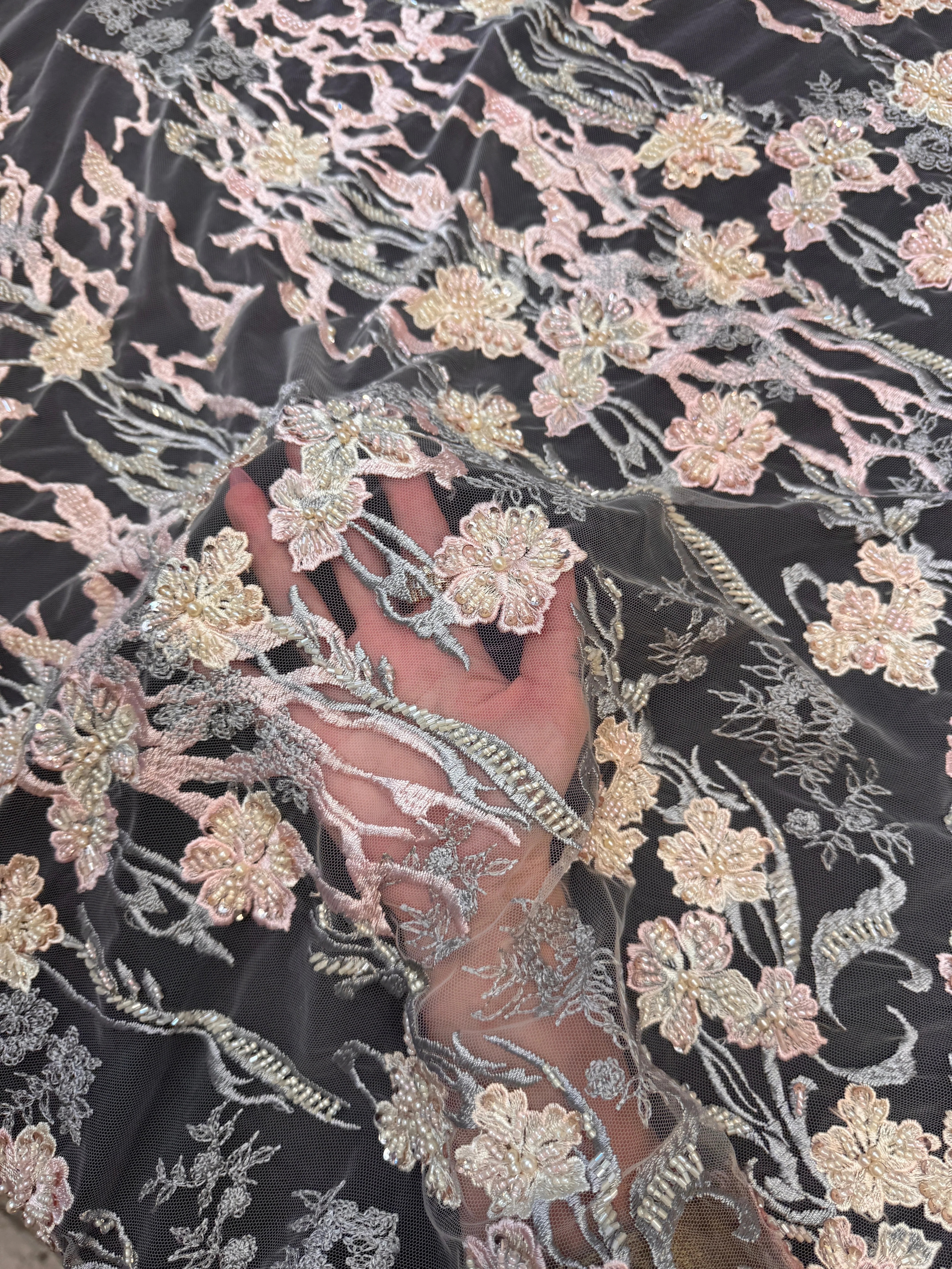 Blush-Peach Pearl Beaded Floral Embroidery Lace - Image 9