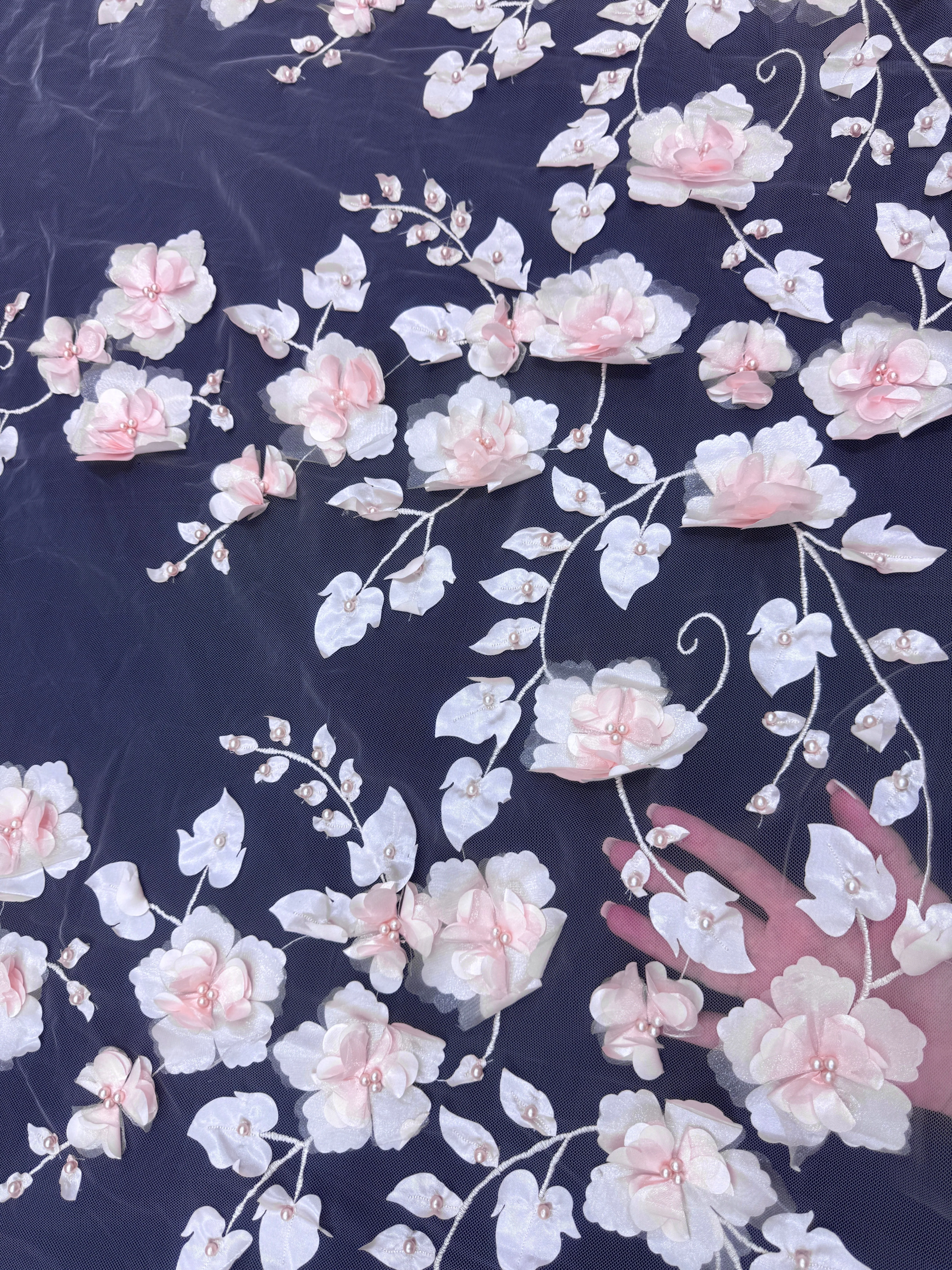 Blush Pink 3D Flower Beaded Lace Mesh