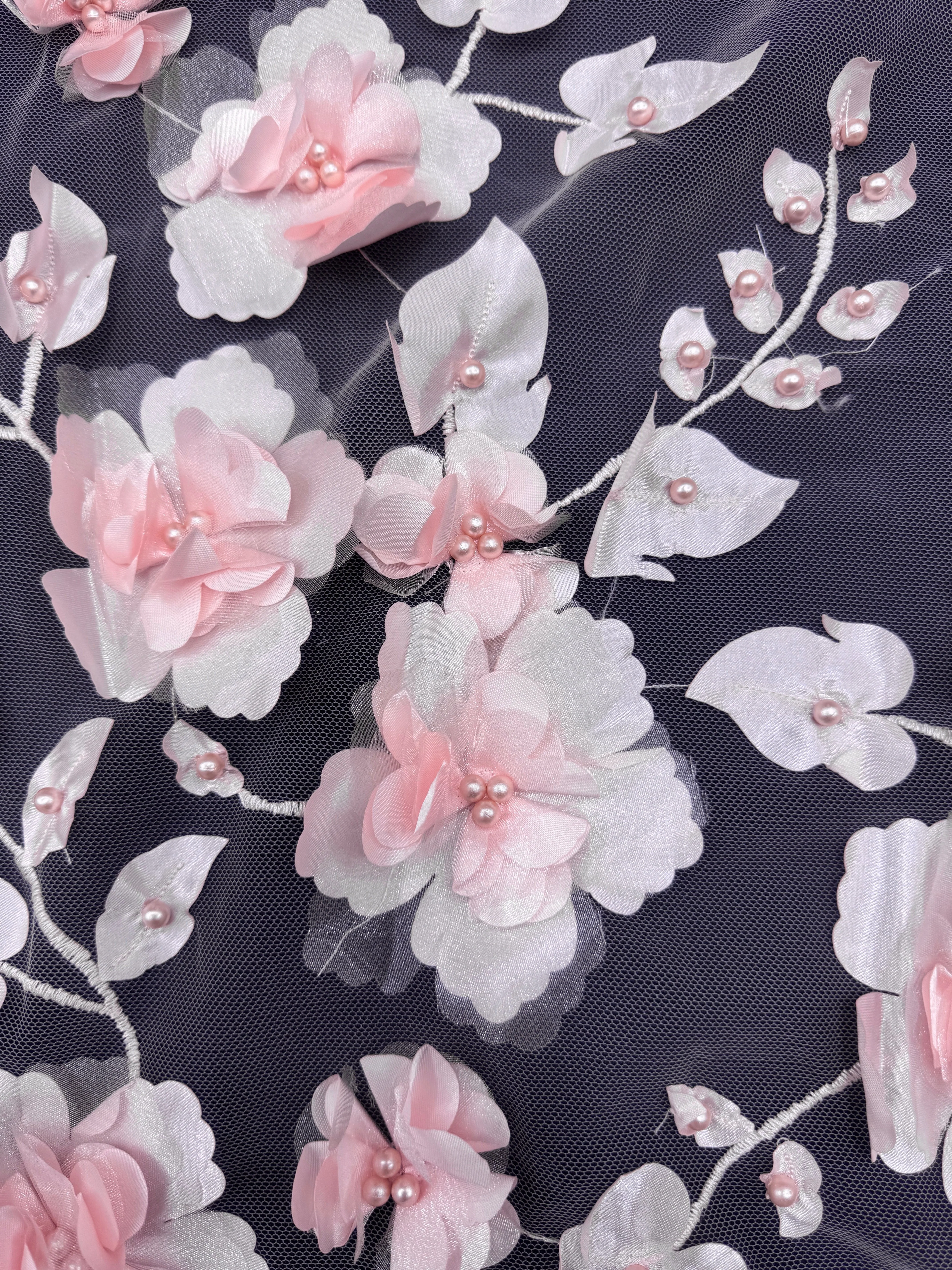 Blush Pink 3D Flower Beaded Lace Mesh - Image 3