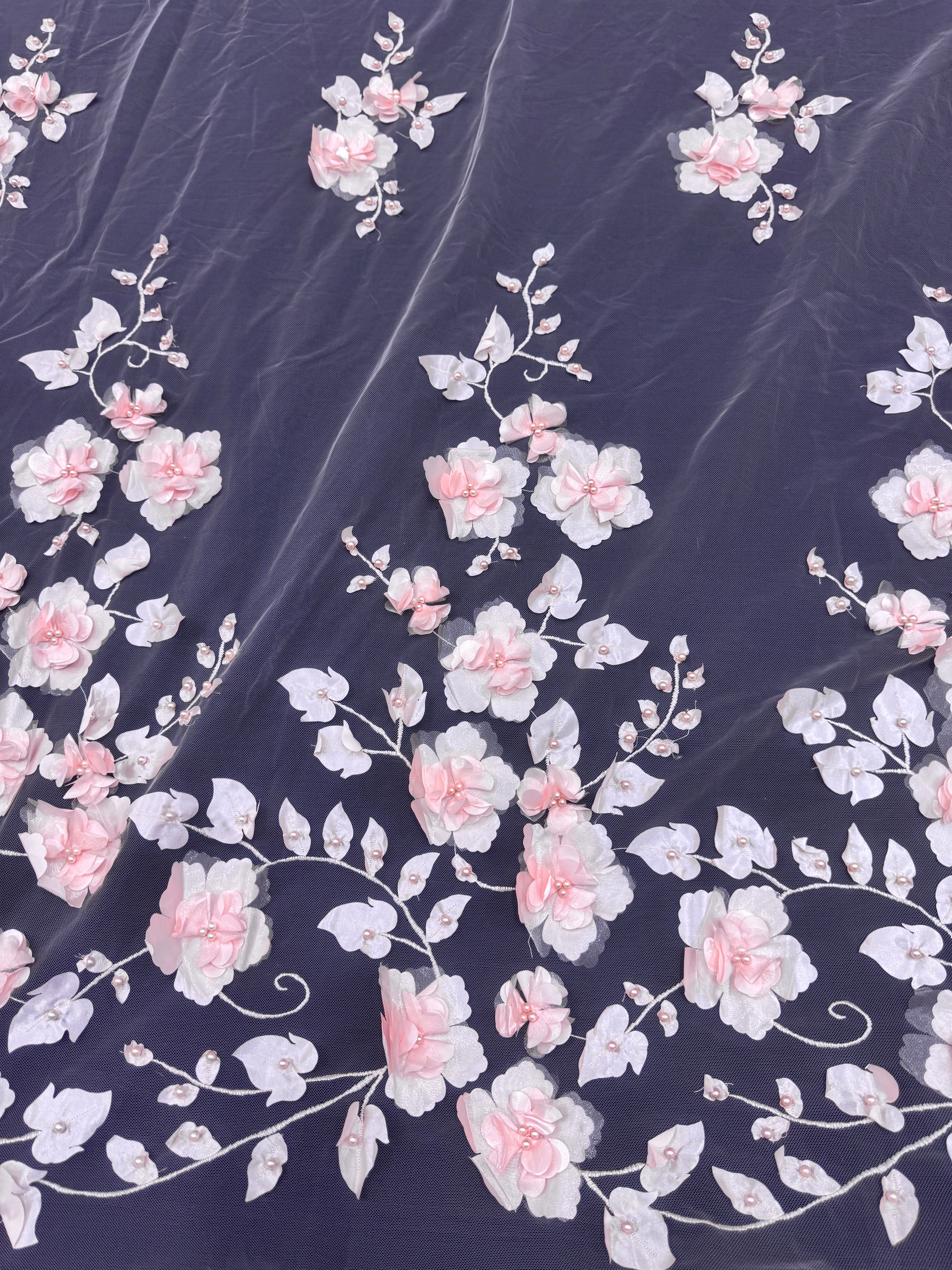 Blush Pink 3D Flower Beaded Lace Mesh - Image 4