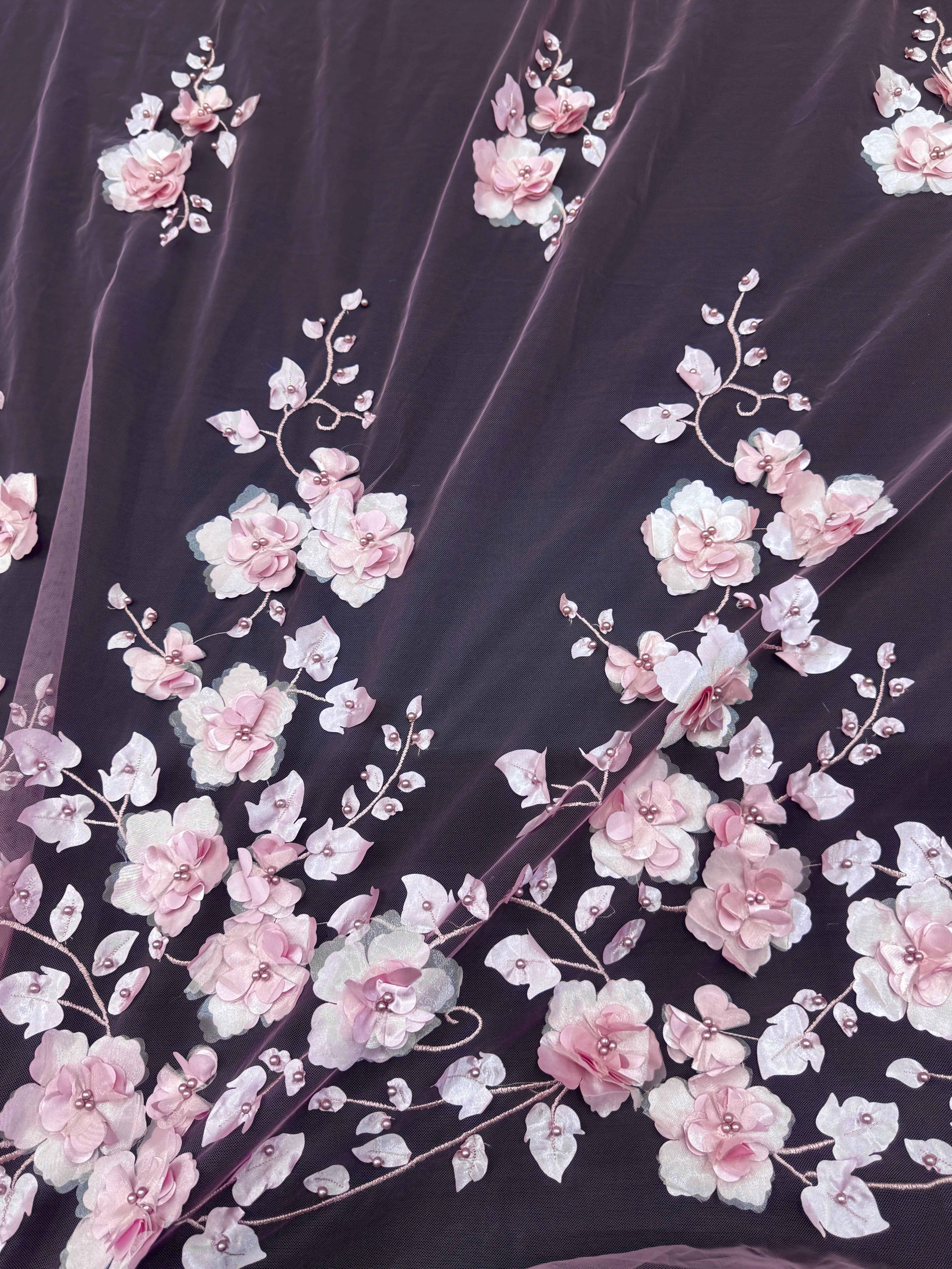Blush Pink 3D Flower Beaded Lace Mesh - Image 5