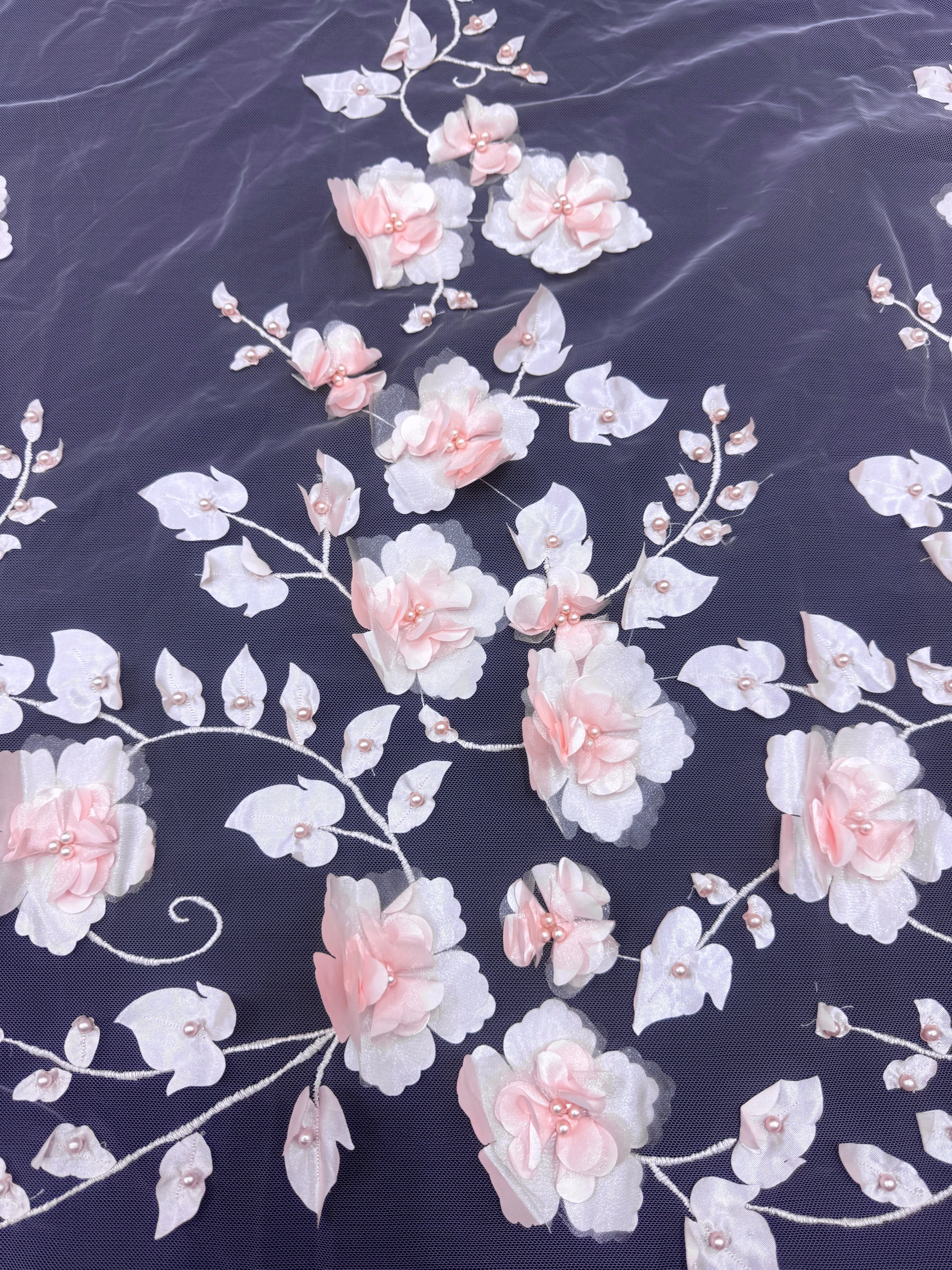 Blush Pink 3D Flower Beaded Lace Mesh - Image 6