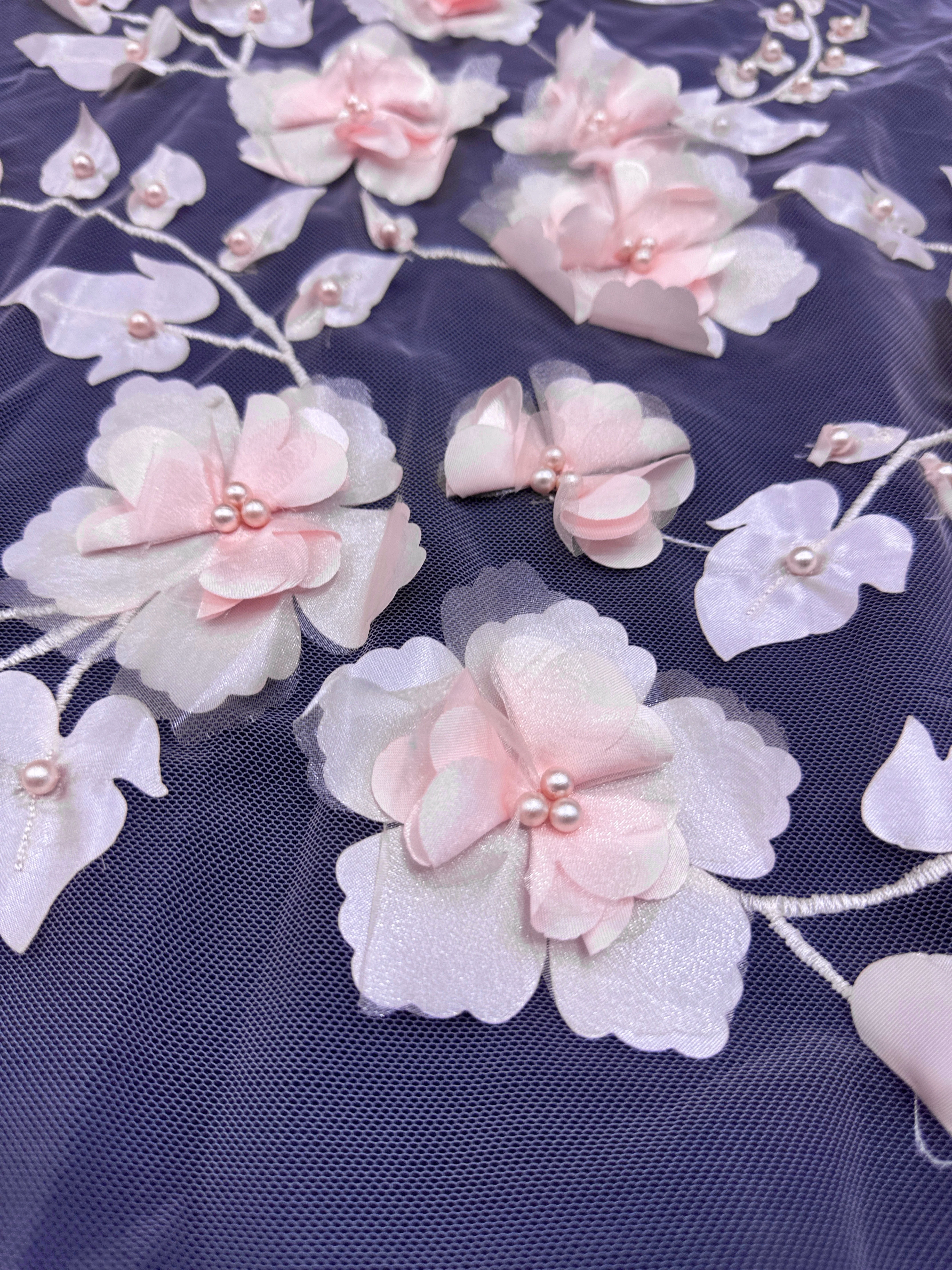 Blush Pink 3D Flower Beaded Lace Mesh - Image 8