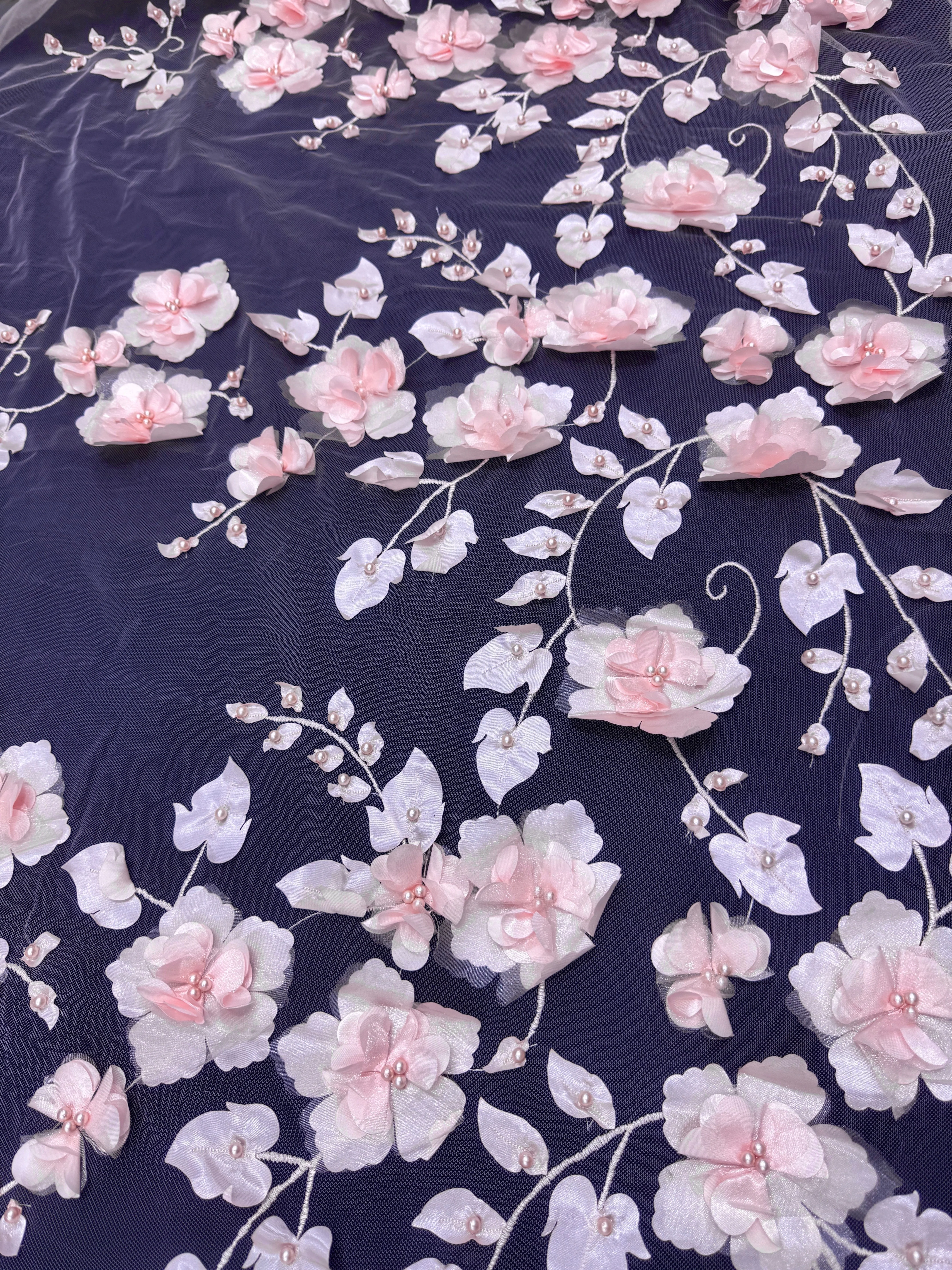 Blush Pink 3D Flower Beaded Lace Mesh - Image 9