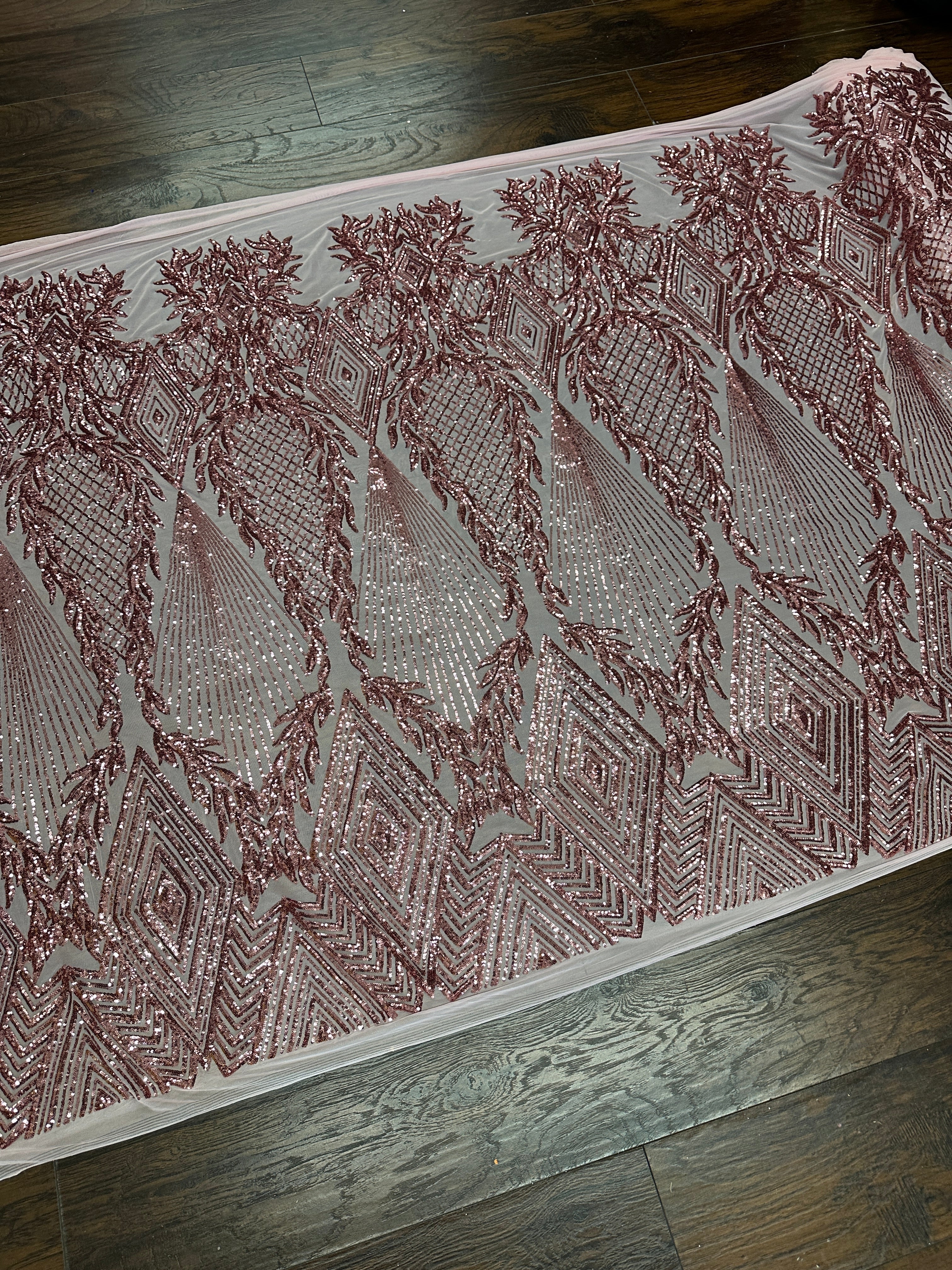 Blush Pink Embroidered Curlicue Sequins on Mesh - Image 3