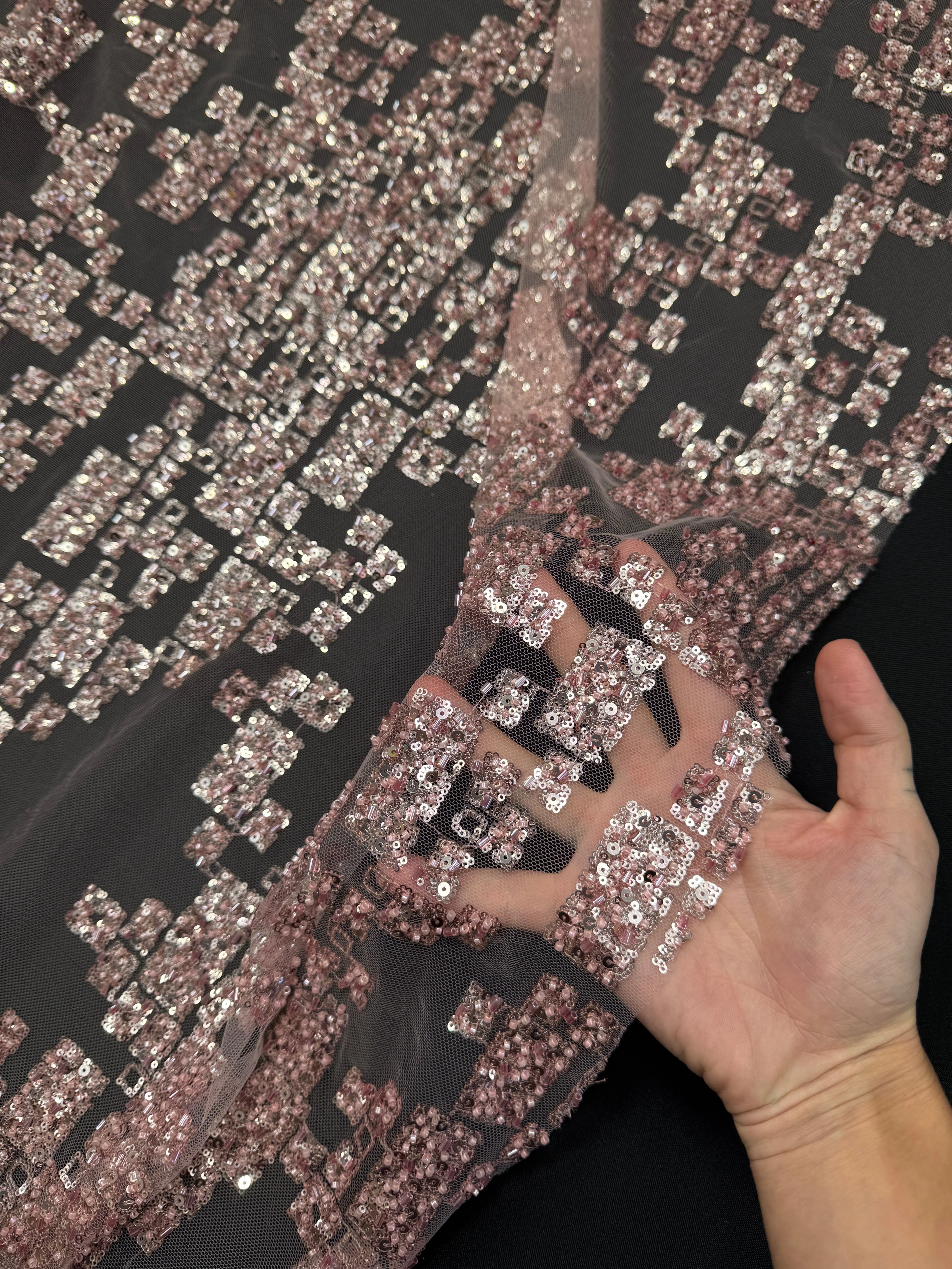 Blush Pink Geometric Mosaic Sequin Lace - Image 10