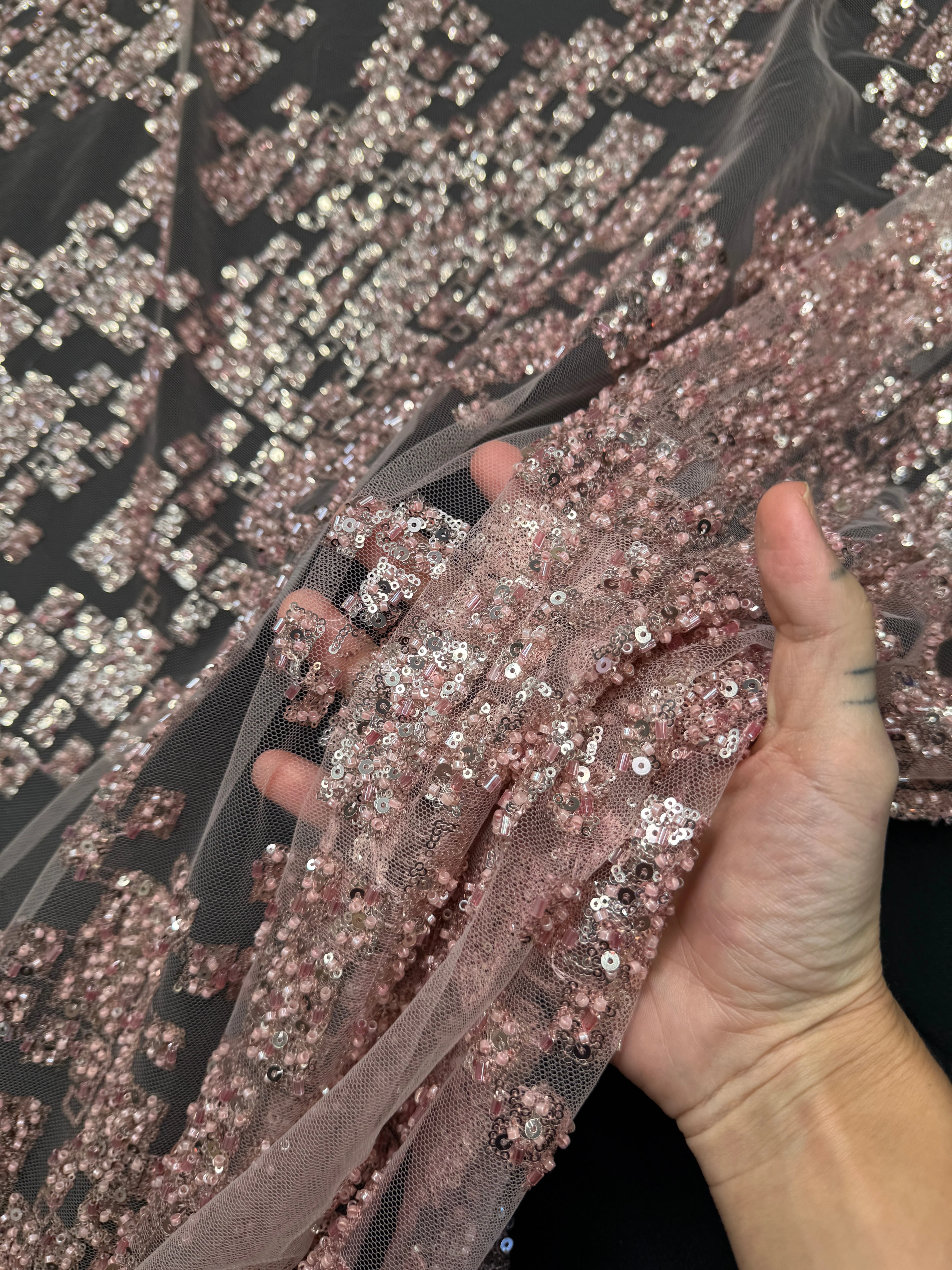 Blush Pink Geometric Mosaic Sequin Lace - Image 5
