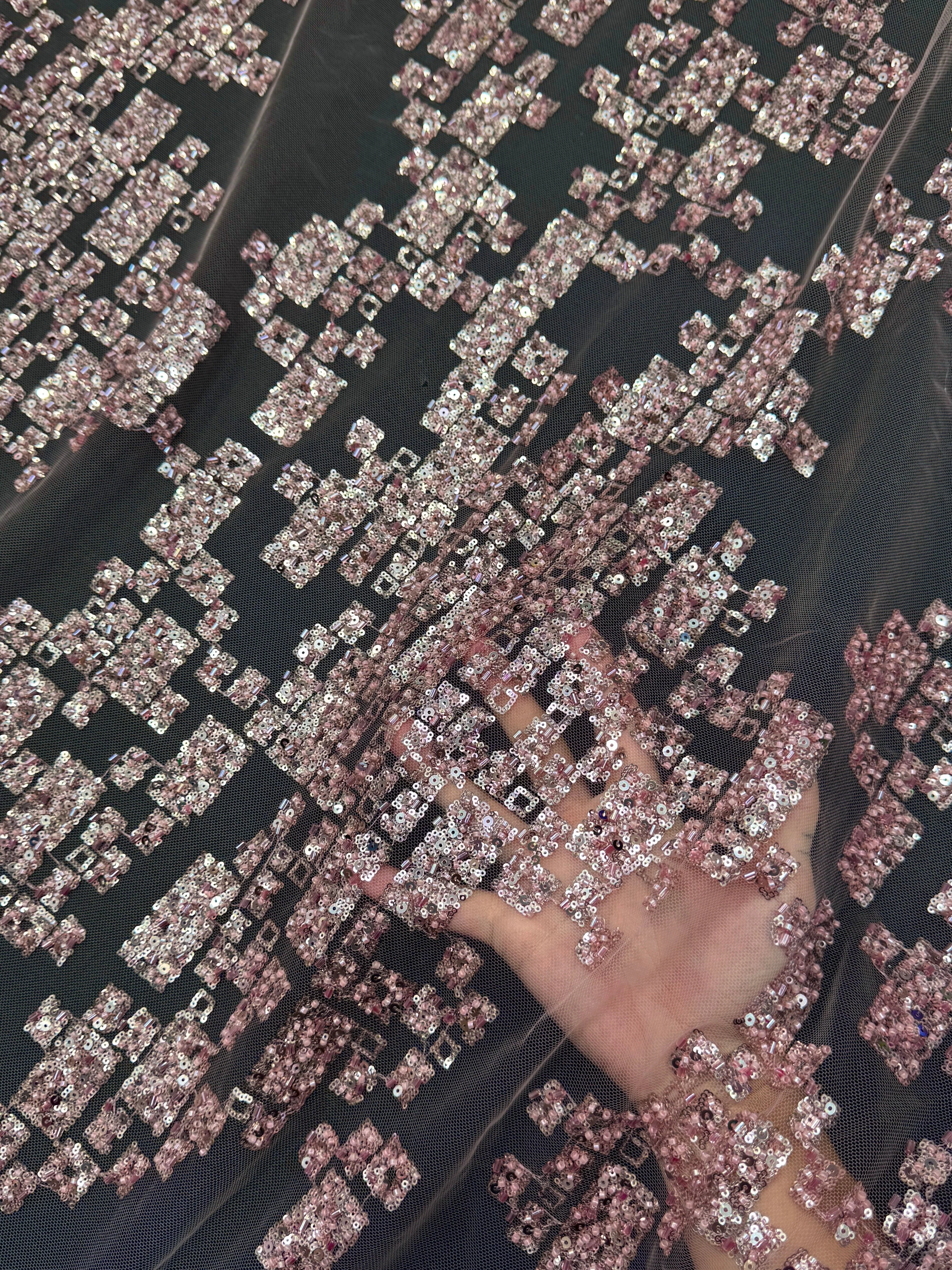 Blush Pink Geometric Mosaic Sequin Lace - Image 7