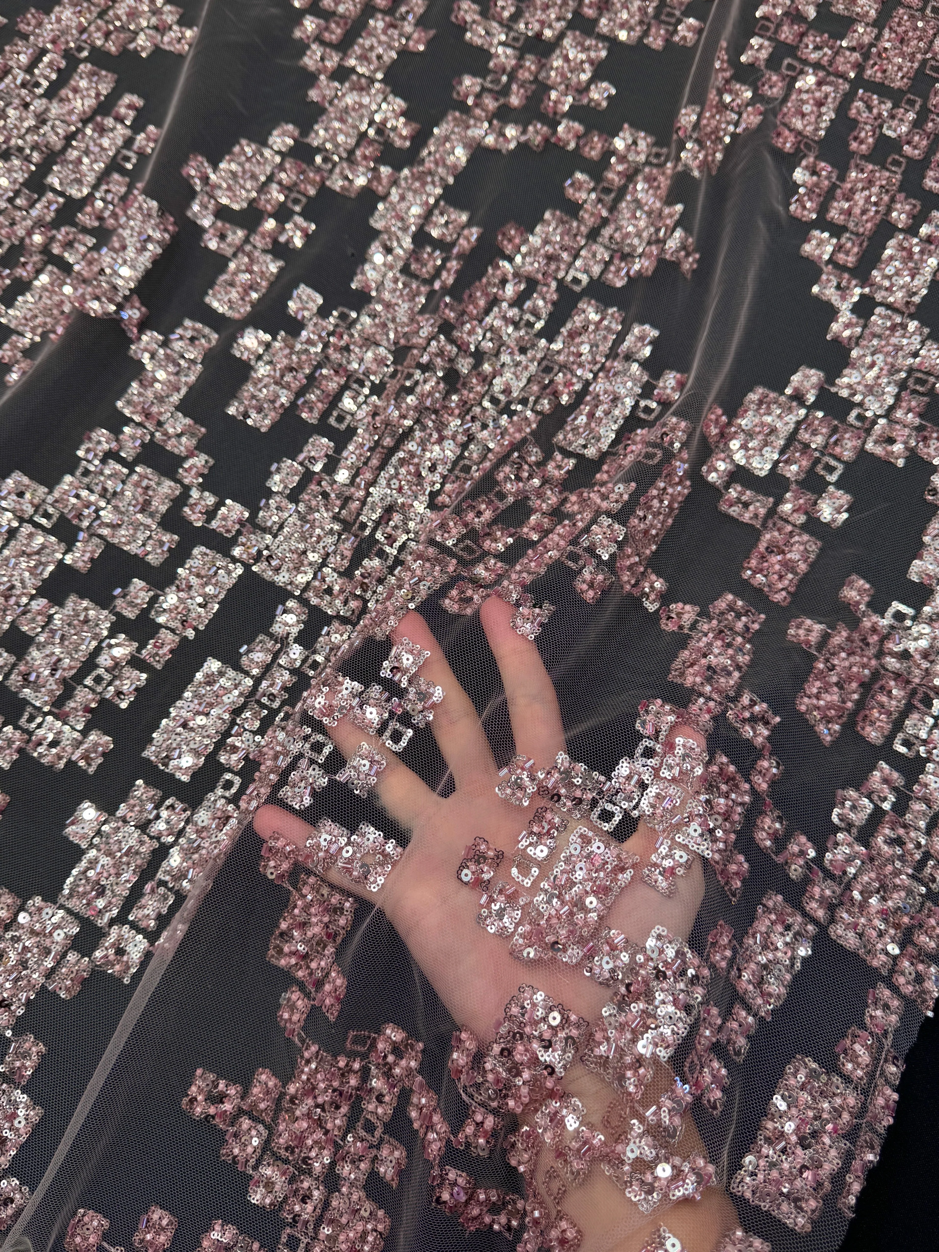Blush Pink Geometric Mosaic Sequin Lace - Image 9