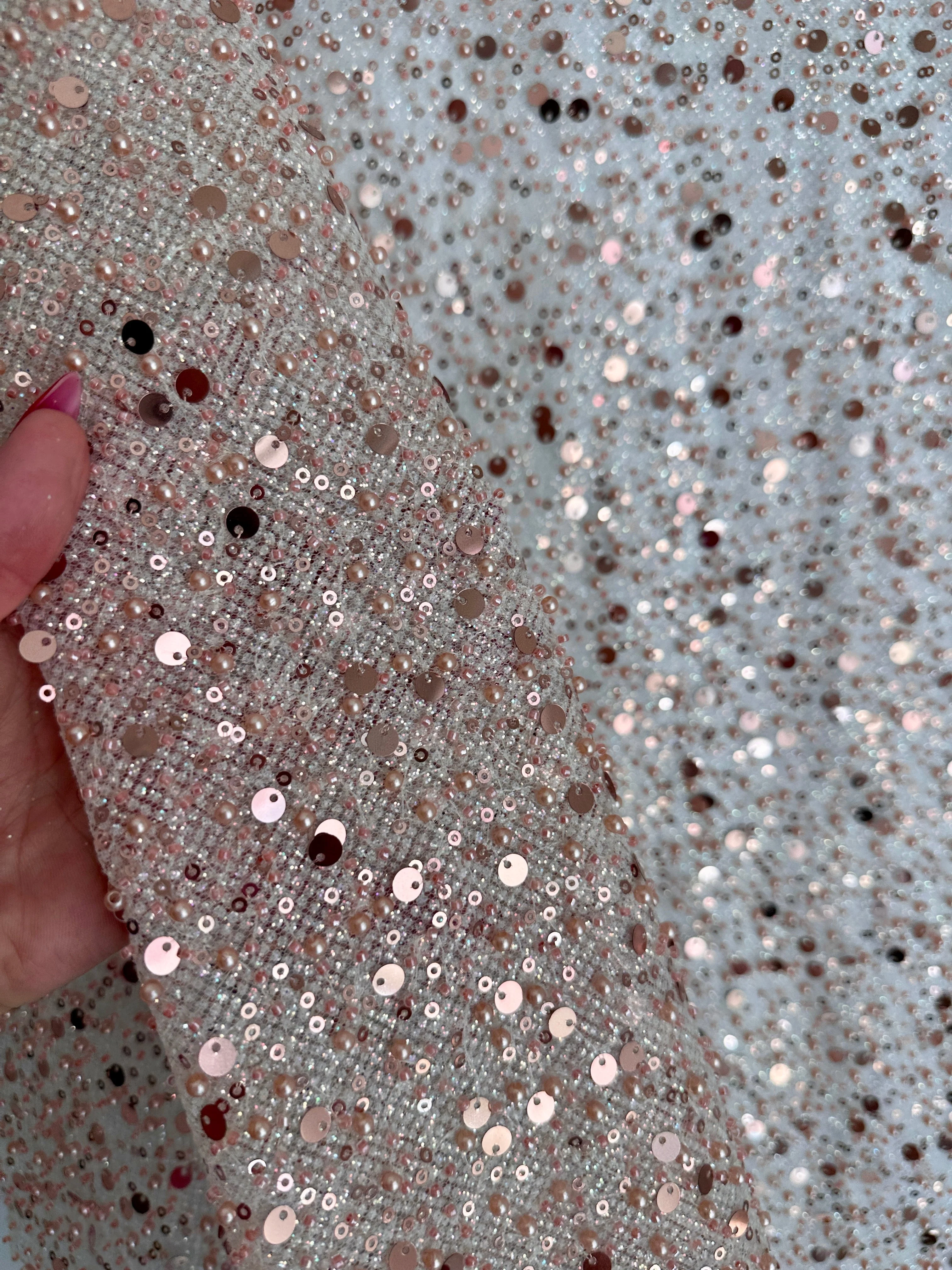 Blush Pink Sequin Pearl Beaded Mesh - Image 2