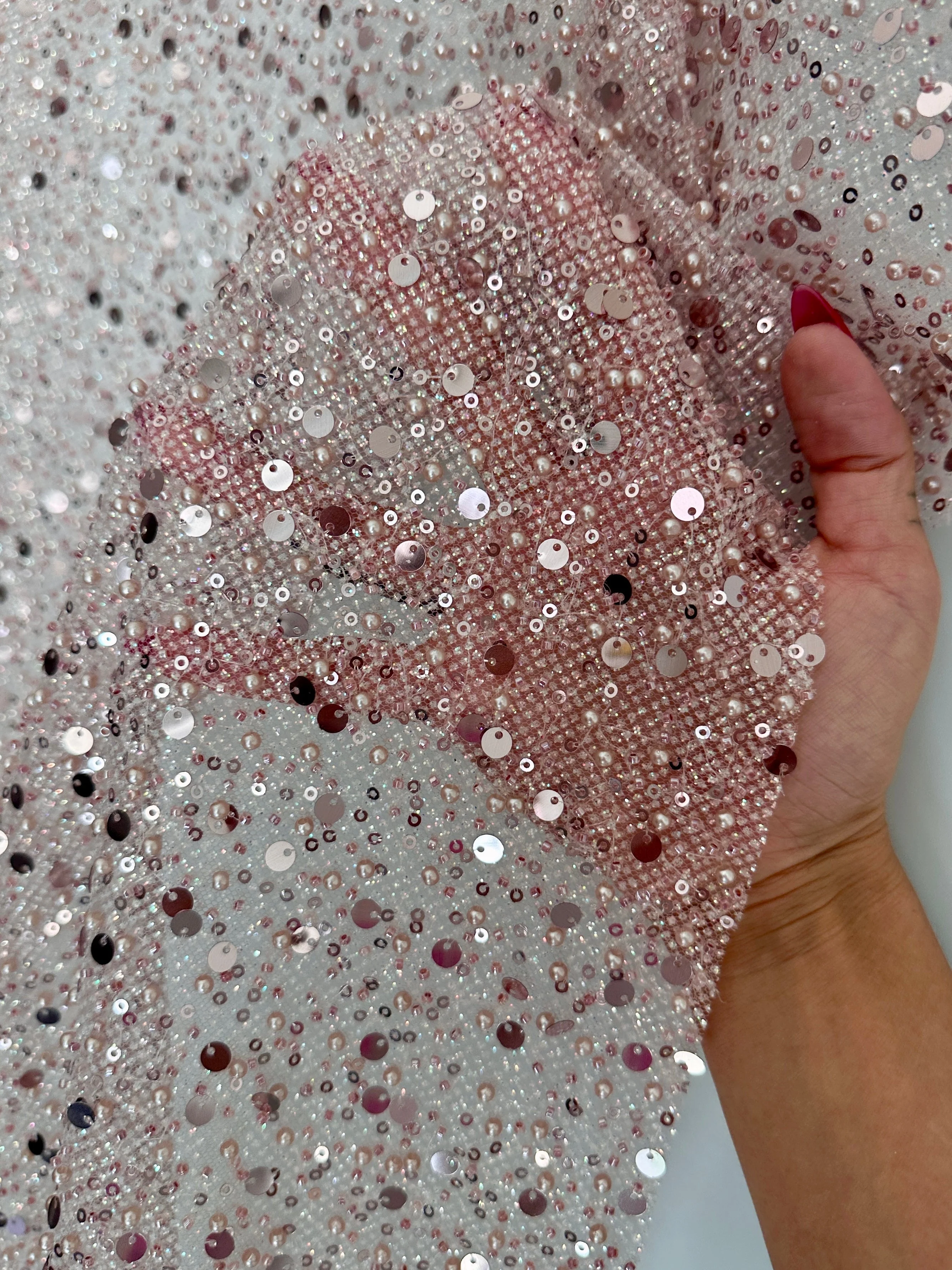Blush Pink Sequin Pearl Beaded Mesh - Image 3