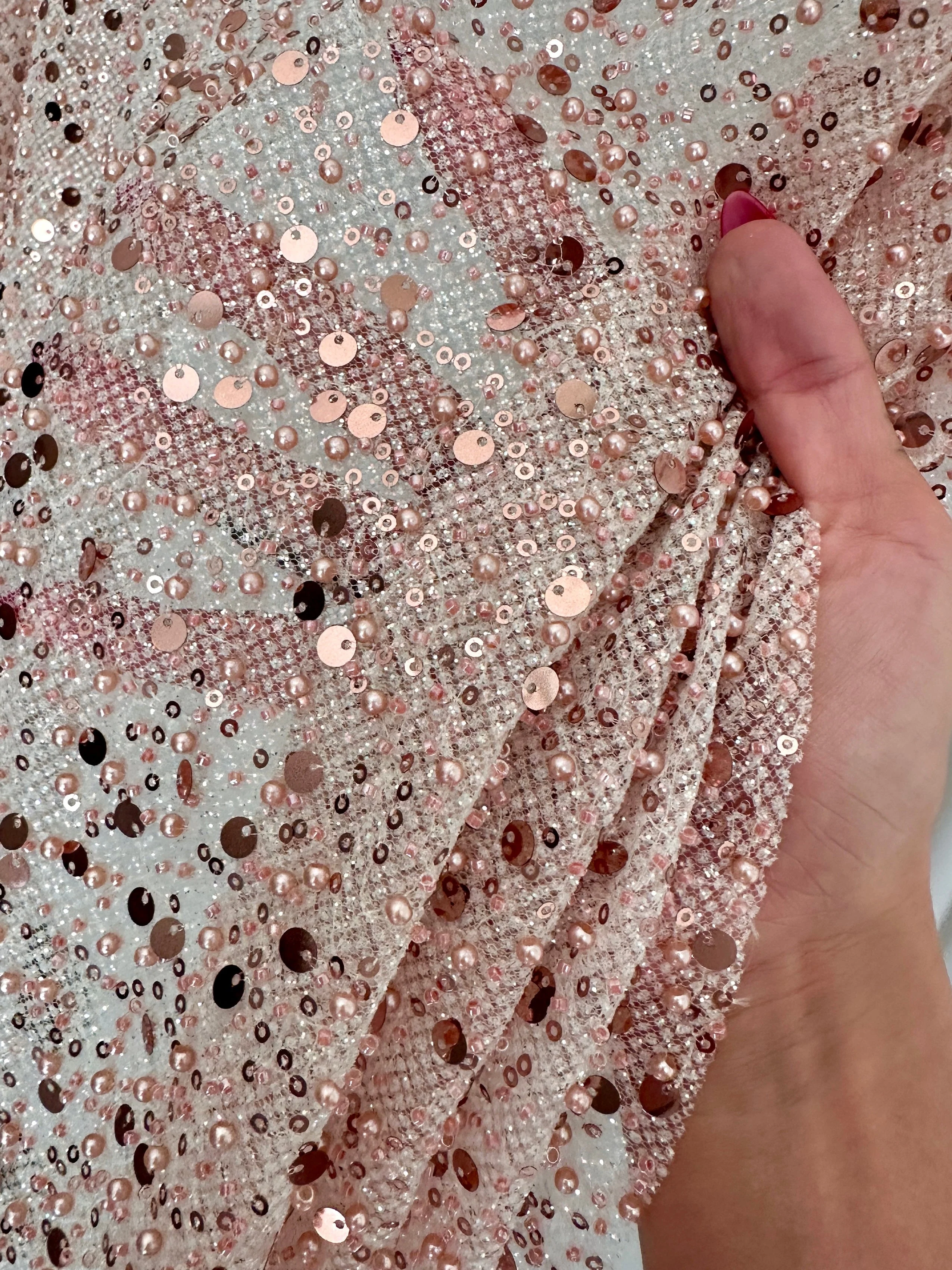 Blush Pink Sequin Pearl Beaded Mesh - Image 4