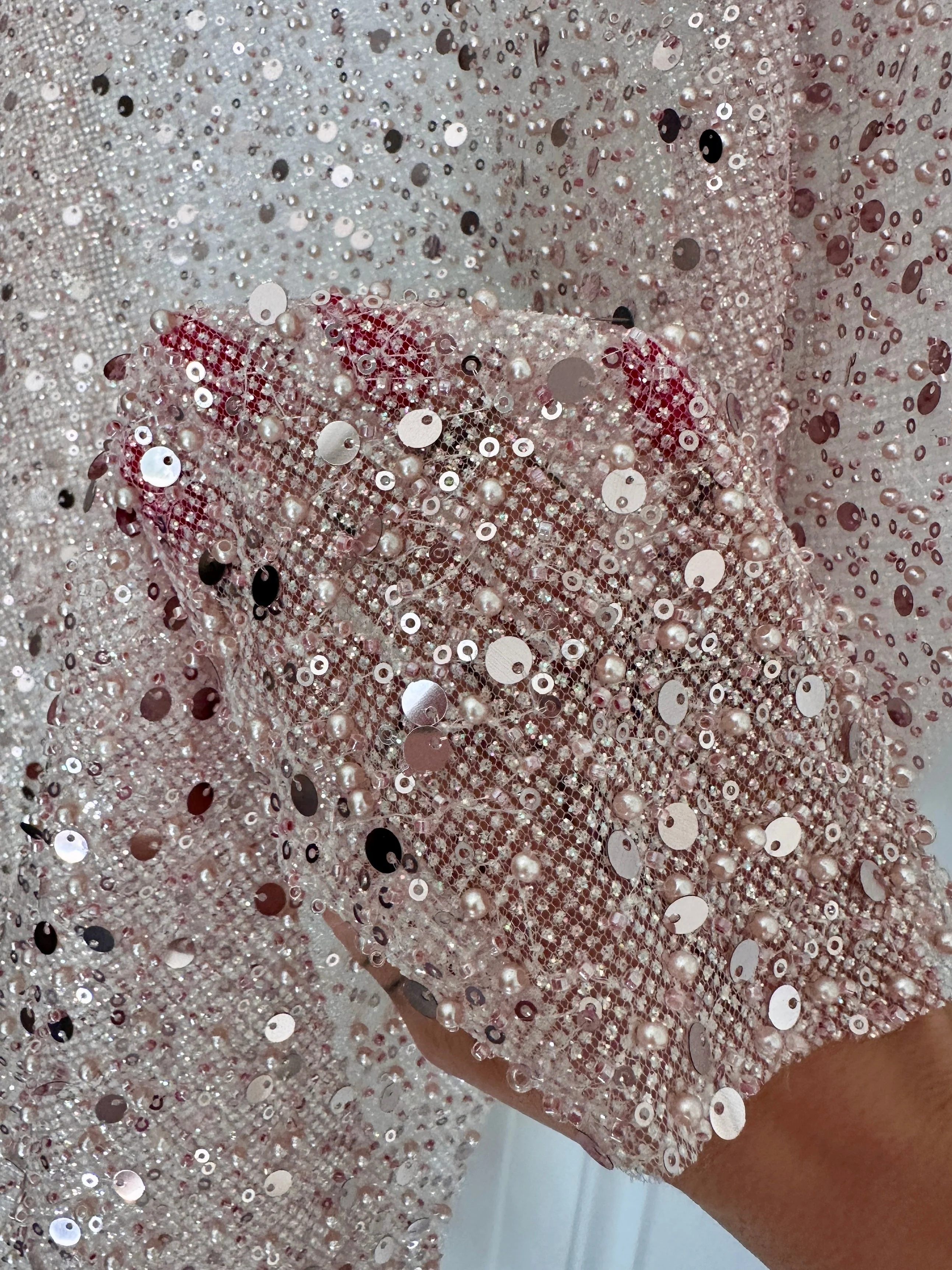 Blush Pink Sequin Pearl Beaded Mesh - Image 5