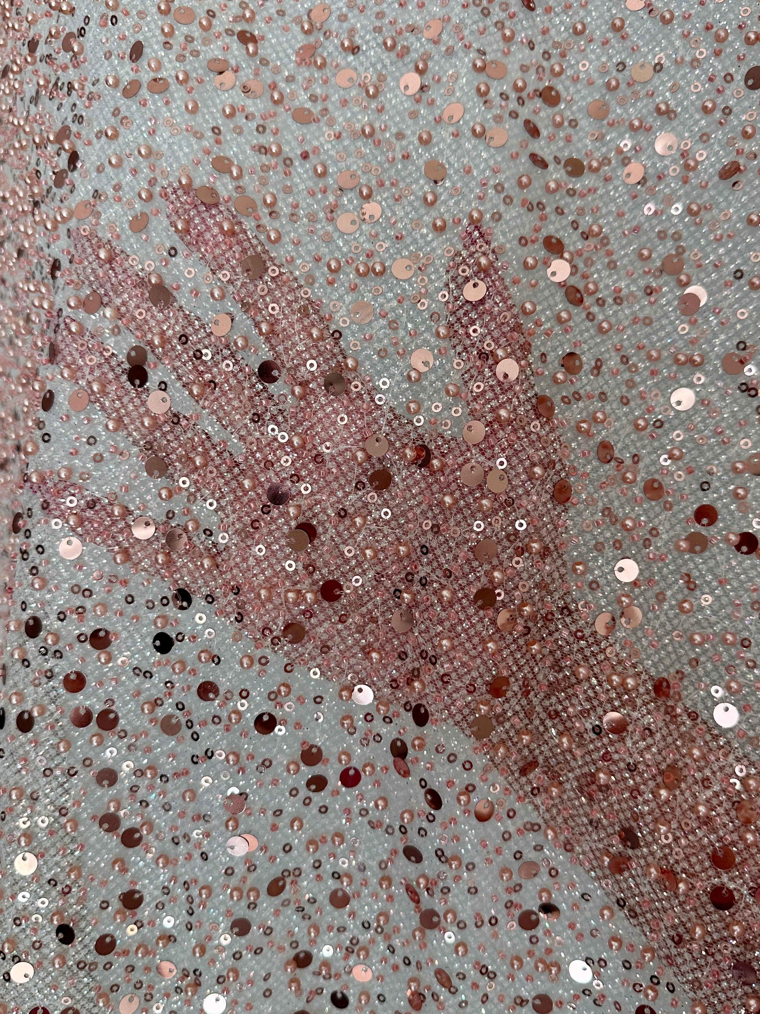 Blush Pink Sequin Pearl Beaded Mesh - Image 6