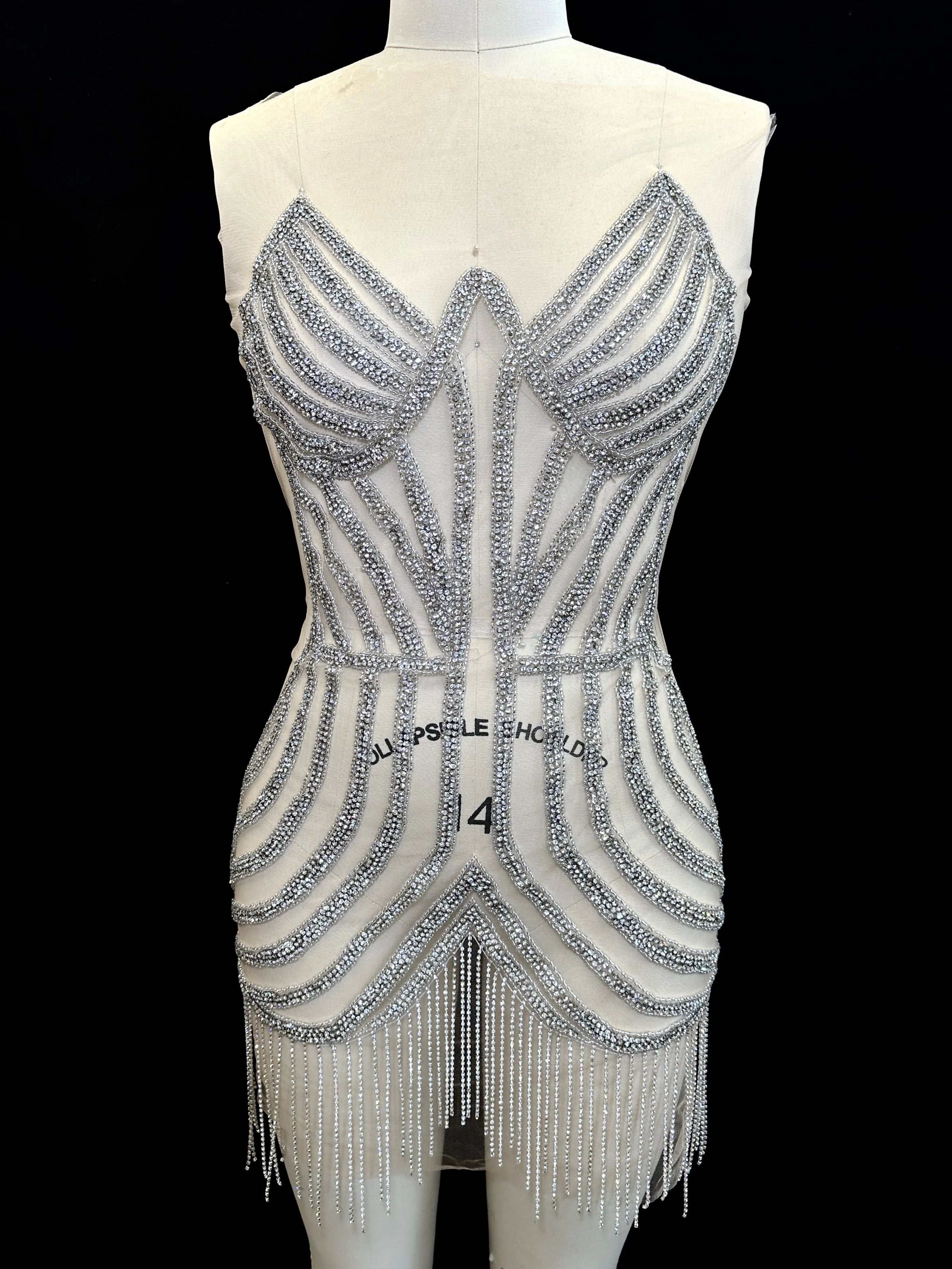 Bria Fringe Silver Rhinestones Bodice Applique