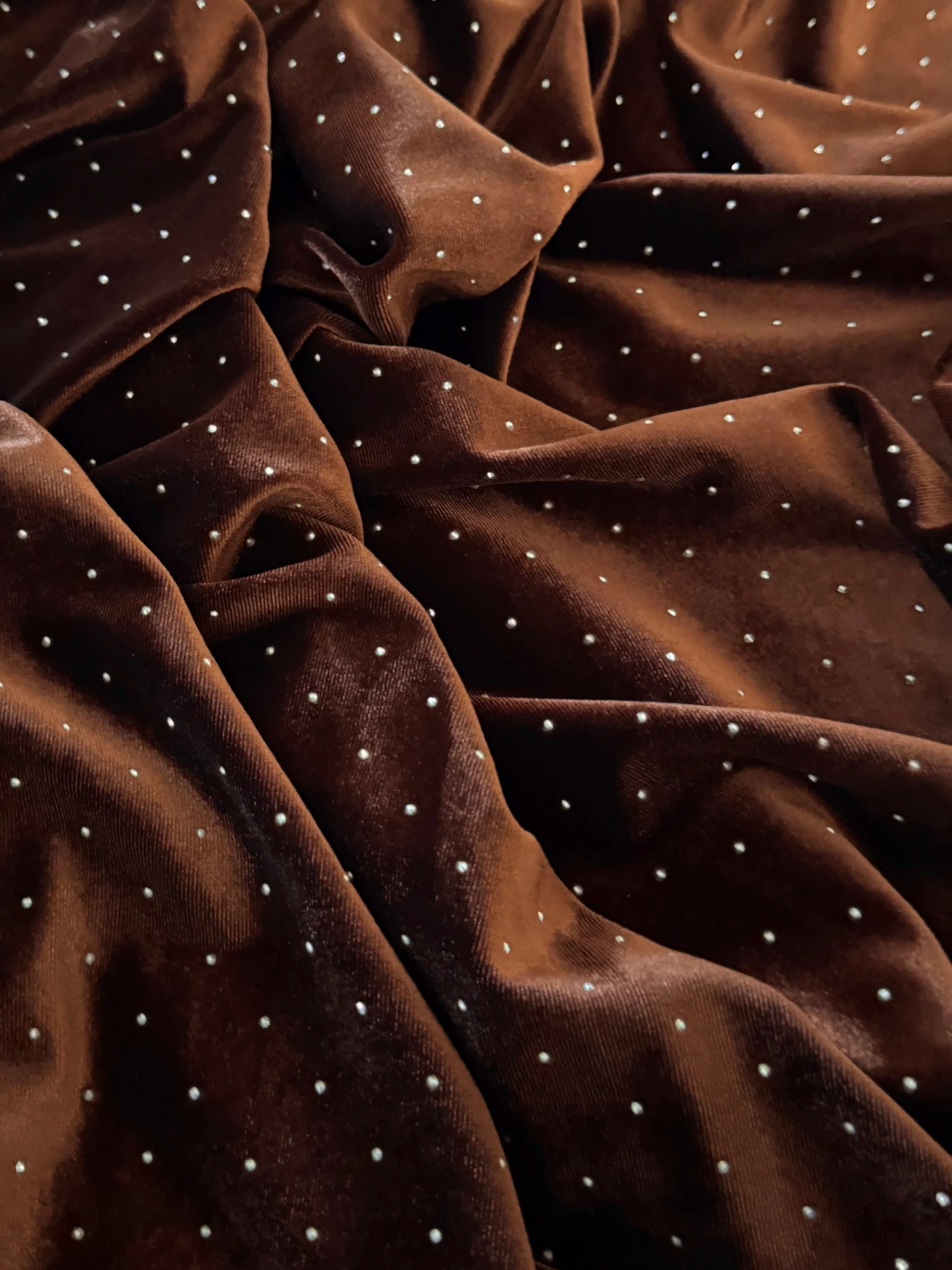 Brown Stardust Rhinestone Beaded Stretch Velvet - Image 5