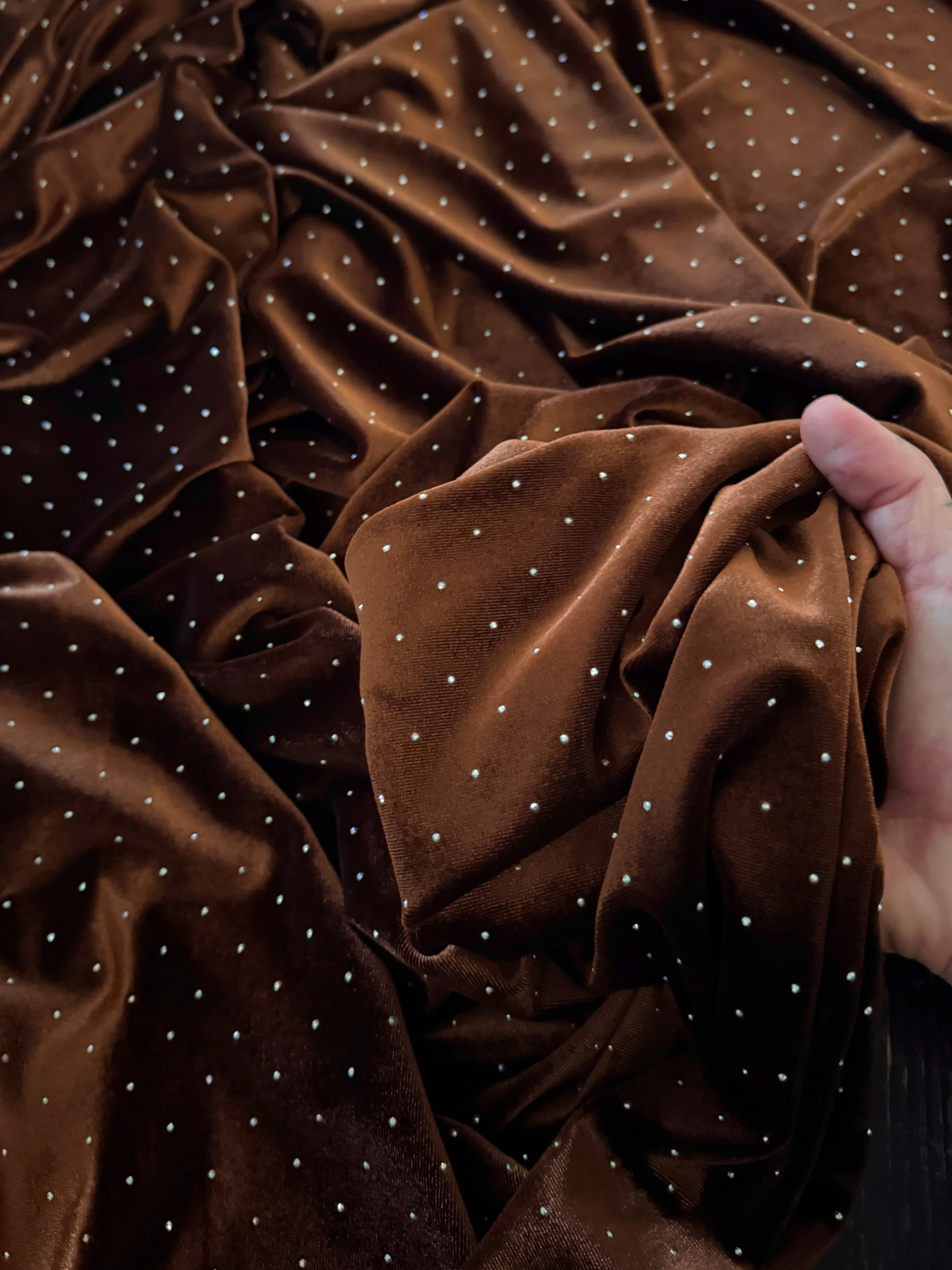 Brown Stardust Rhinestone Beaded Stretch Velvet - Image 6