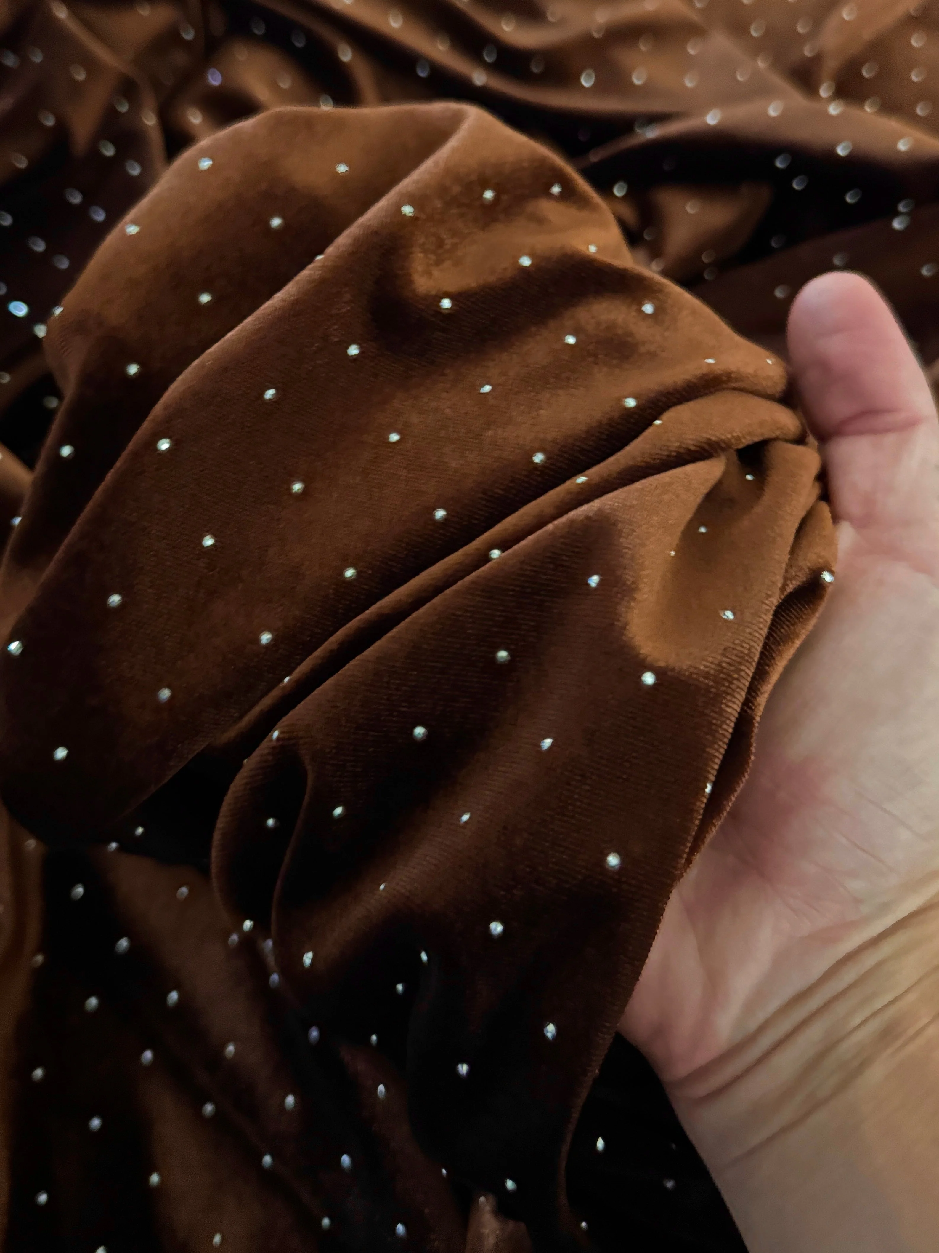 Brown Stardust Rhinestone Beaded Stretch Velvet - Image 7