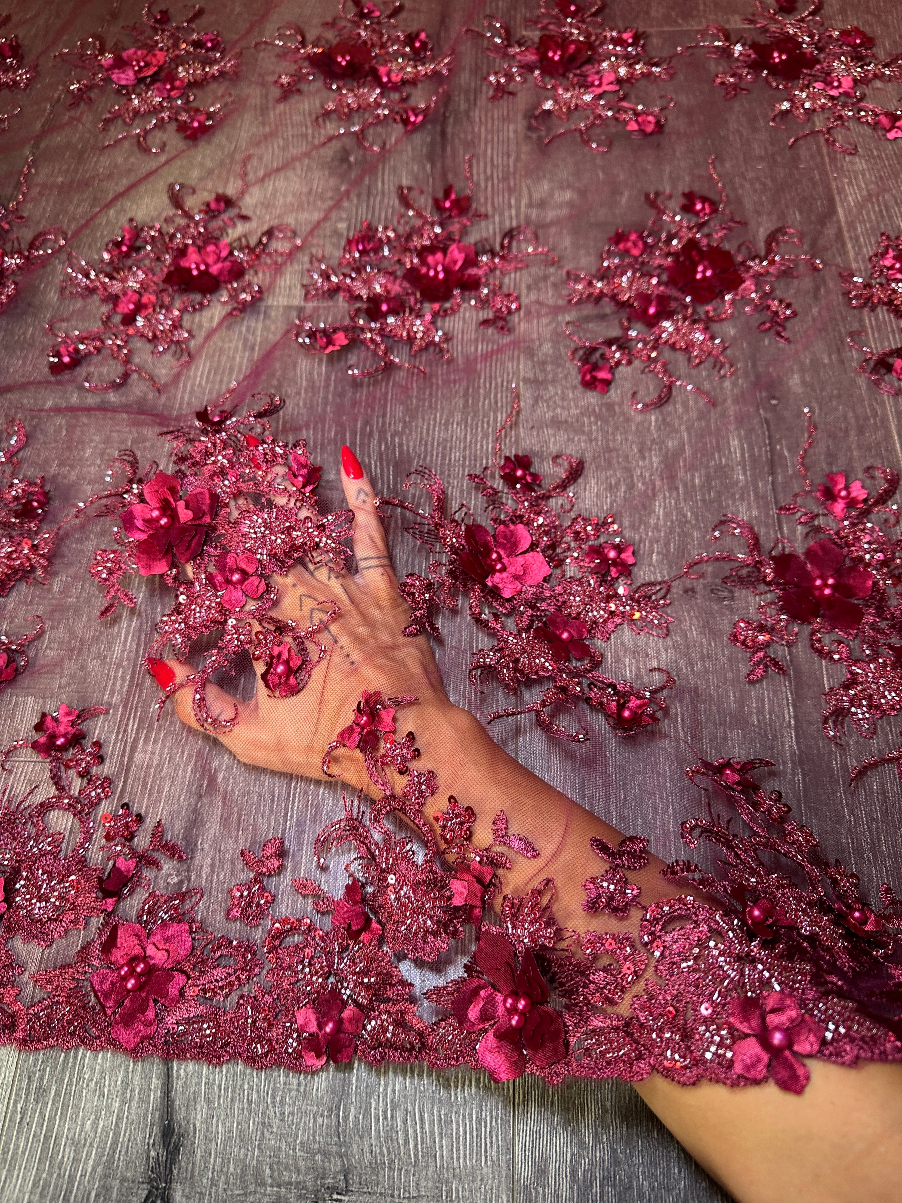 Burgundy 3D Floral Embroidered Beaded Tulle Lace