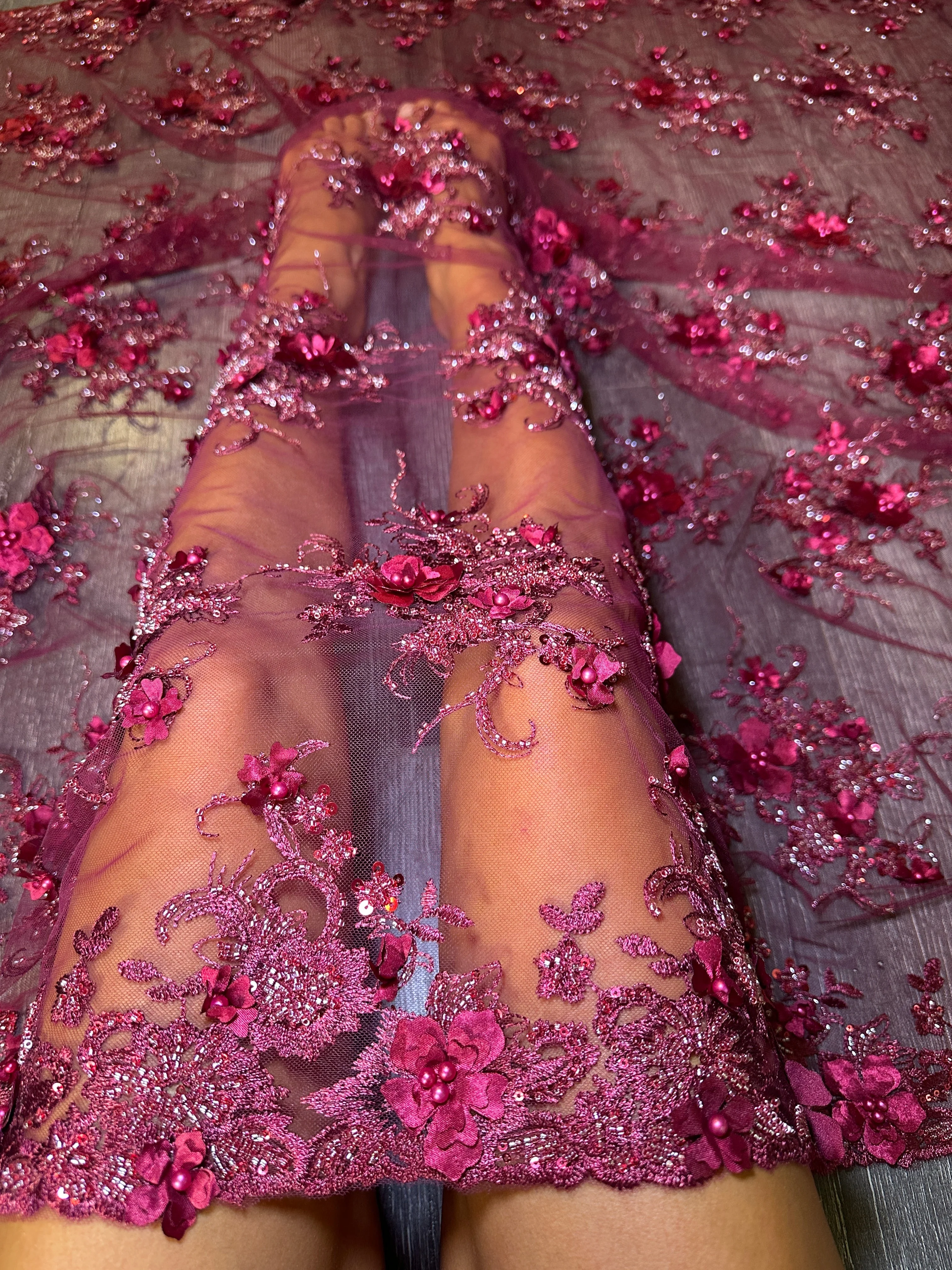 Burgundy 3D Floral Embroidered Beaded Tulle Lace - Image 2