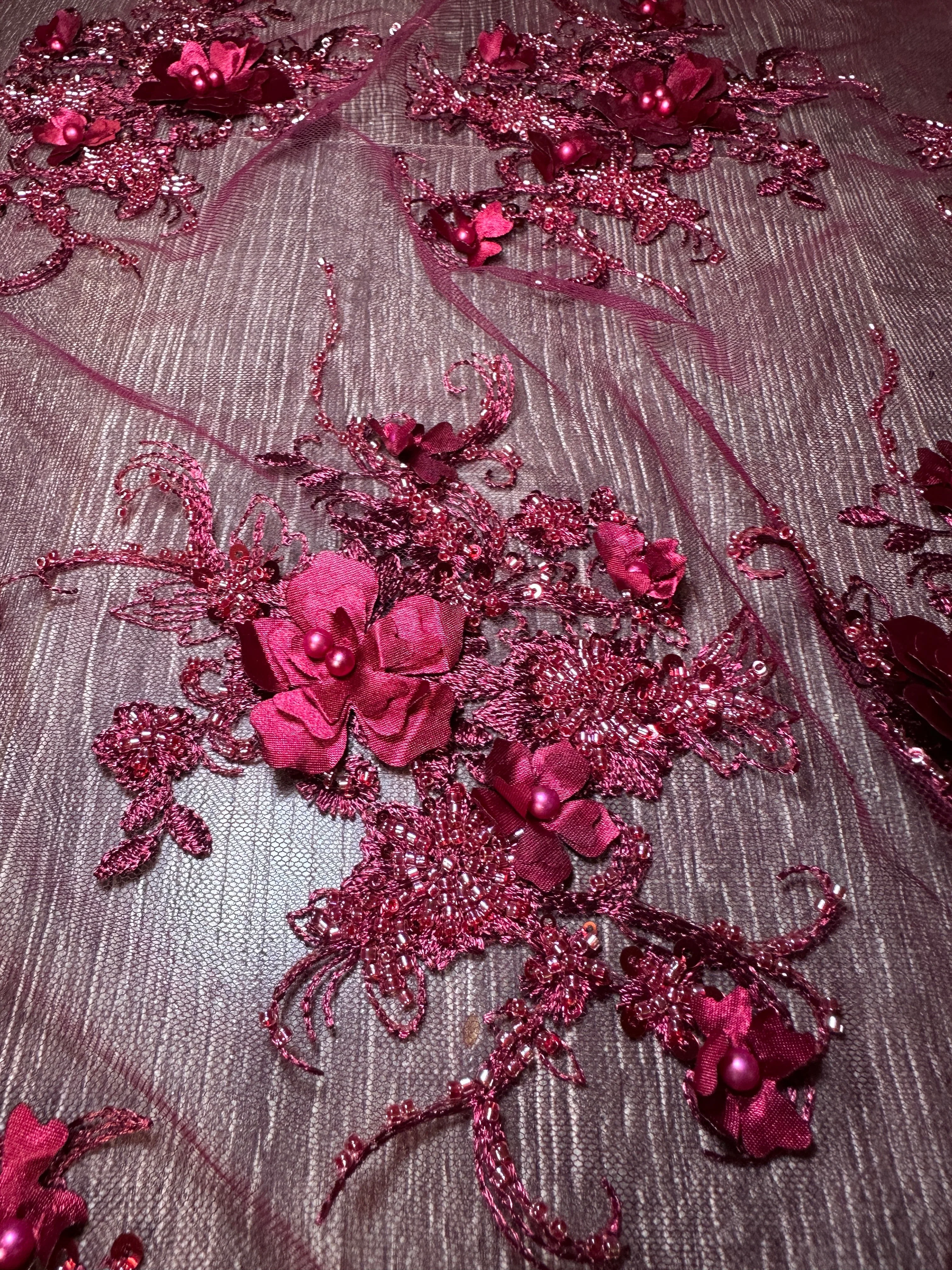 Burgundy 3D Floral Embroidered Beaded Tulle Lace - Image 3