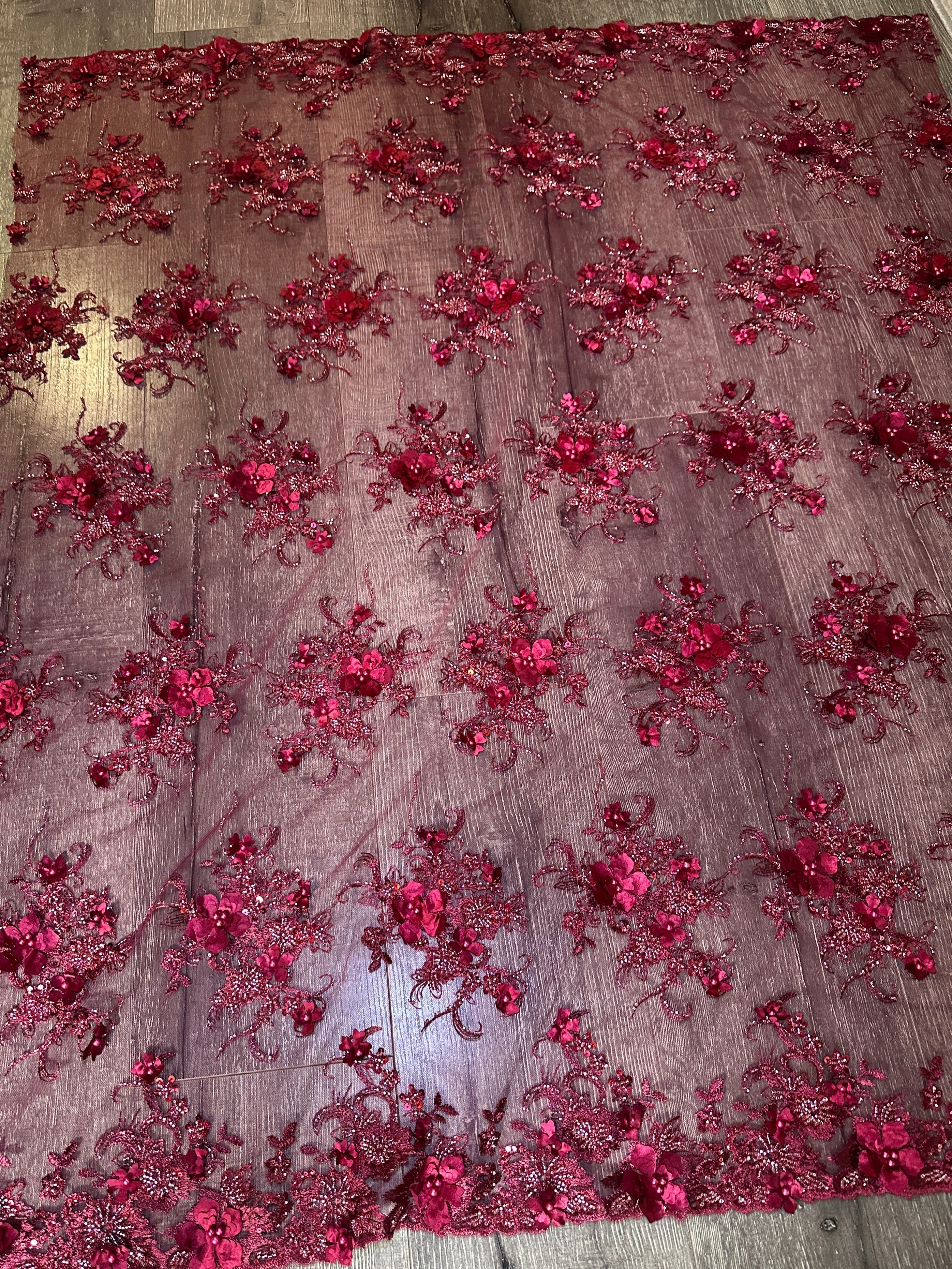 Burgundy 3D Floral Embroidered Beaded Tulle Lace - Image 4