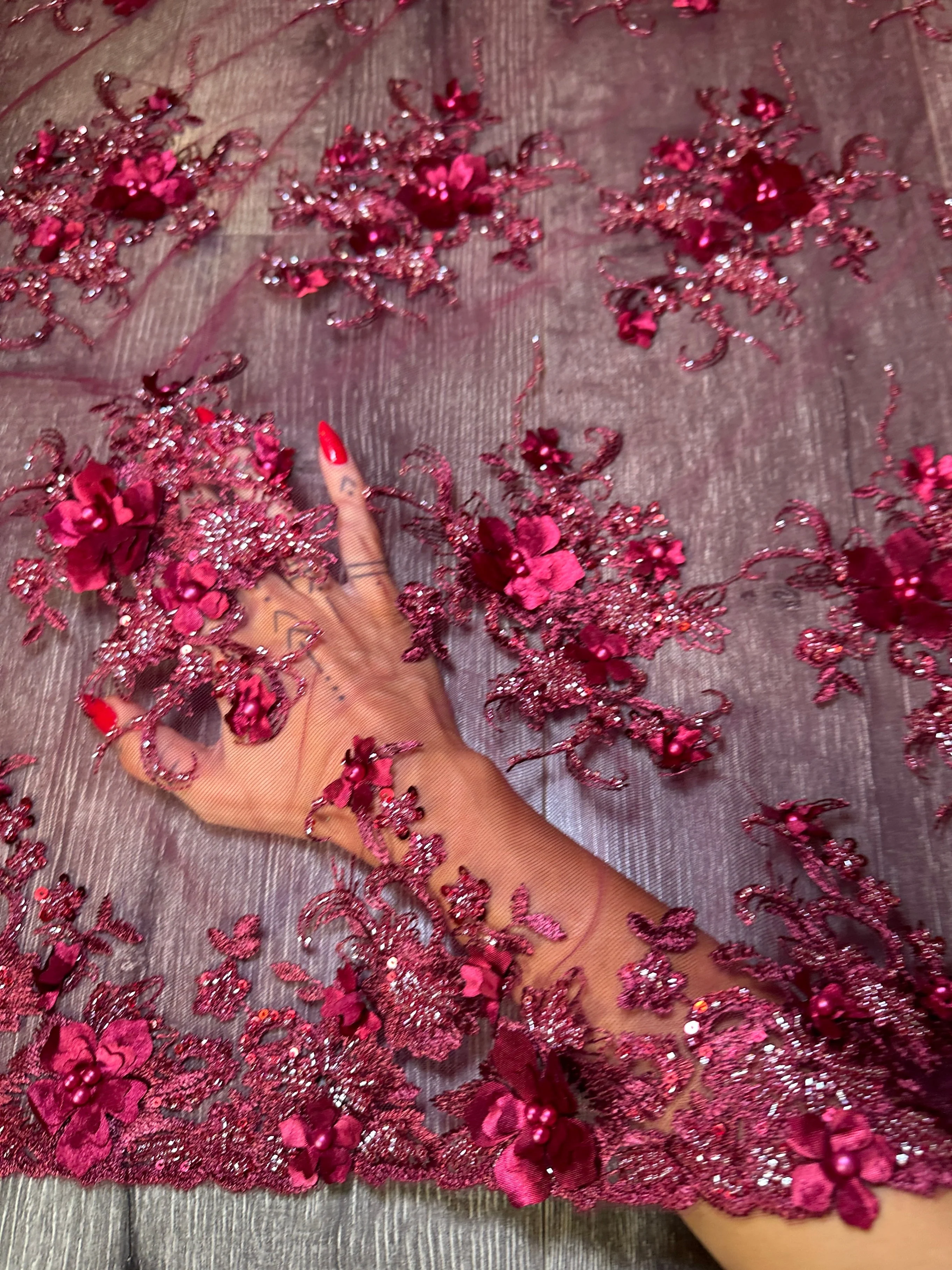 Burgundy 3D Floral Embroidered Beaded Tulle Lace - Image 5