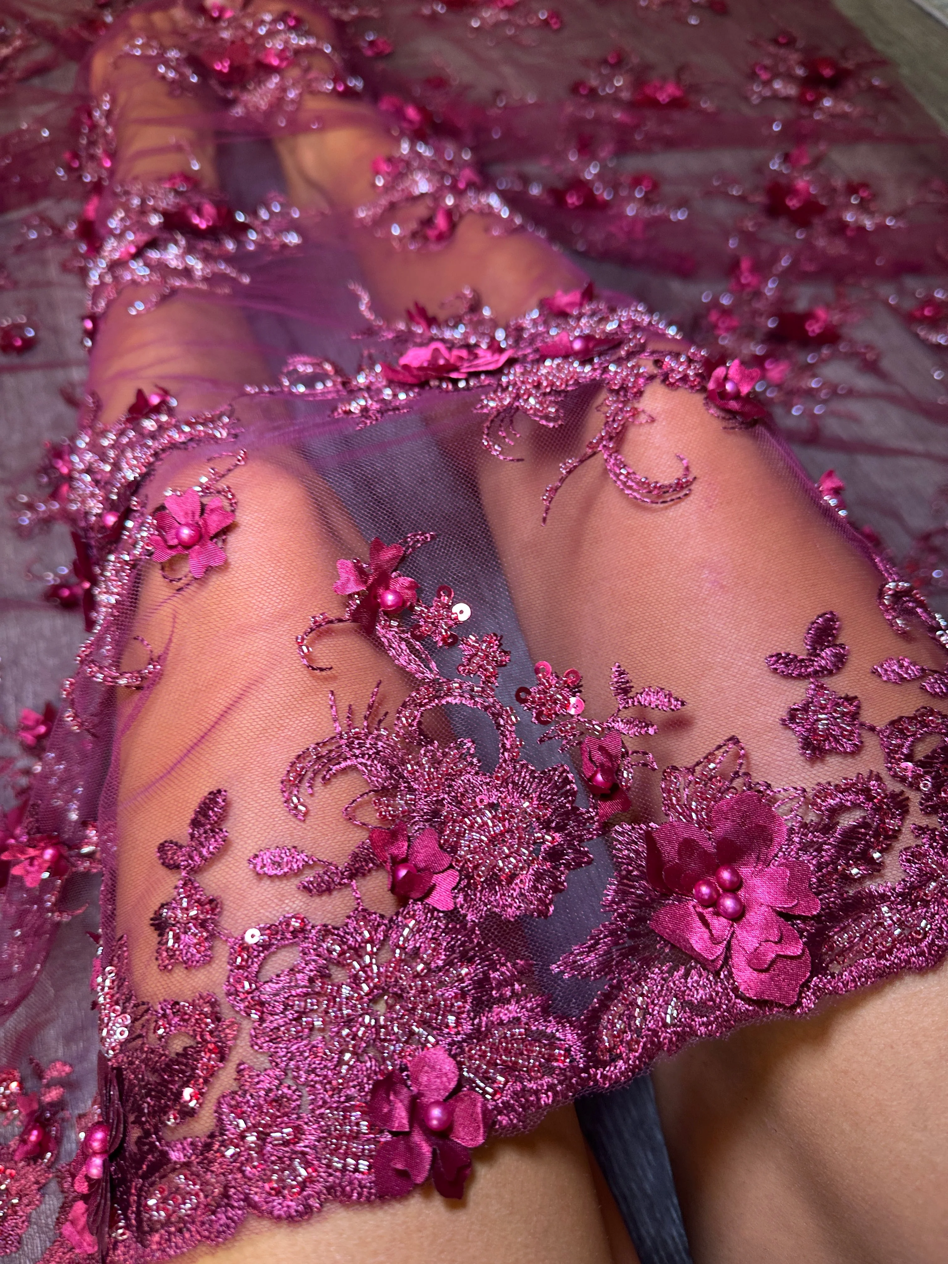 Burgundy 3D Floral Embroidered Beaded Tulle Lace - Image 6
