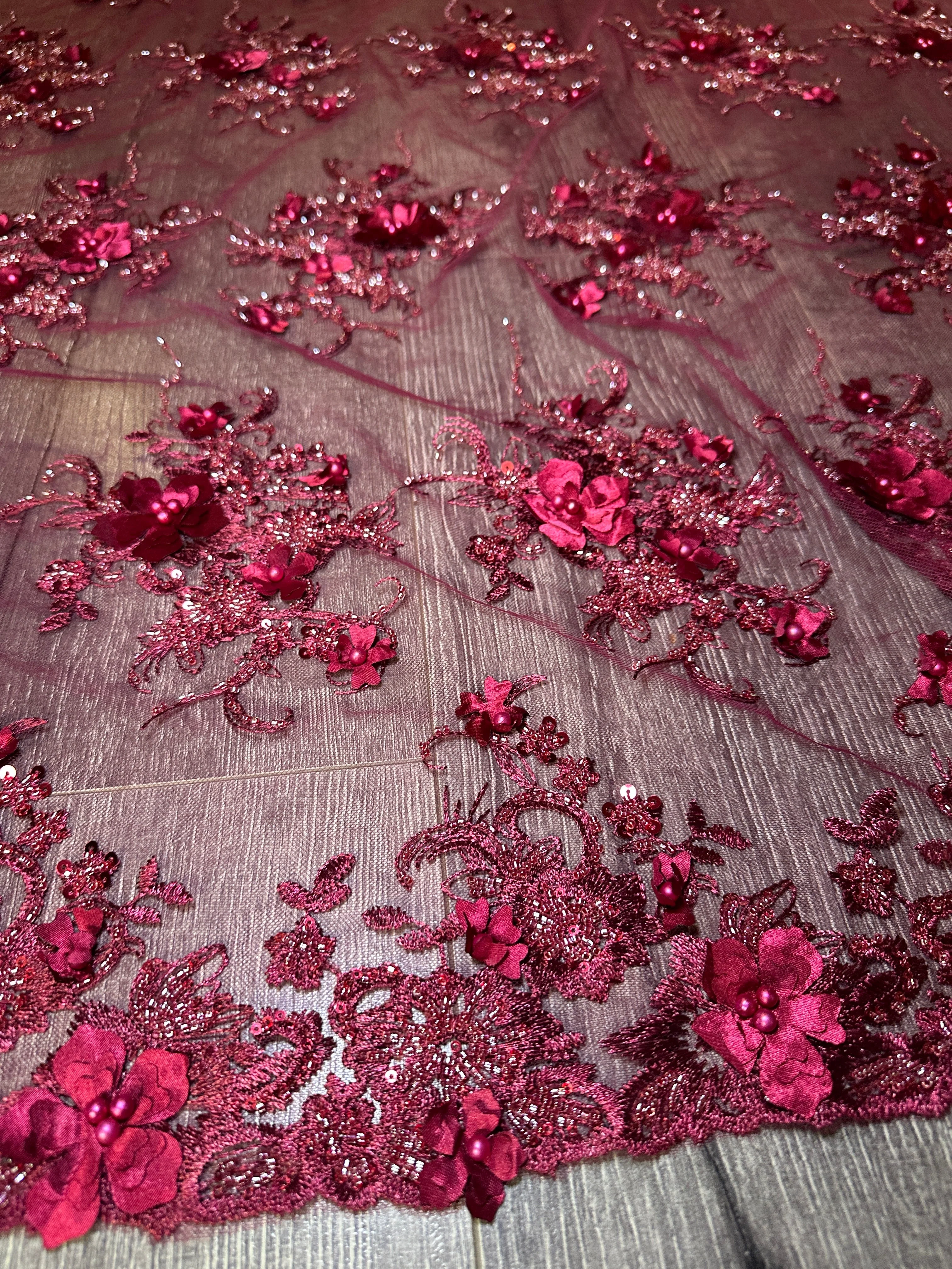 Burgundy 3D Floral Embroidered Beaded Tulle Lace - Image 7